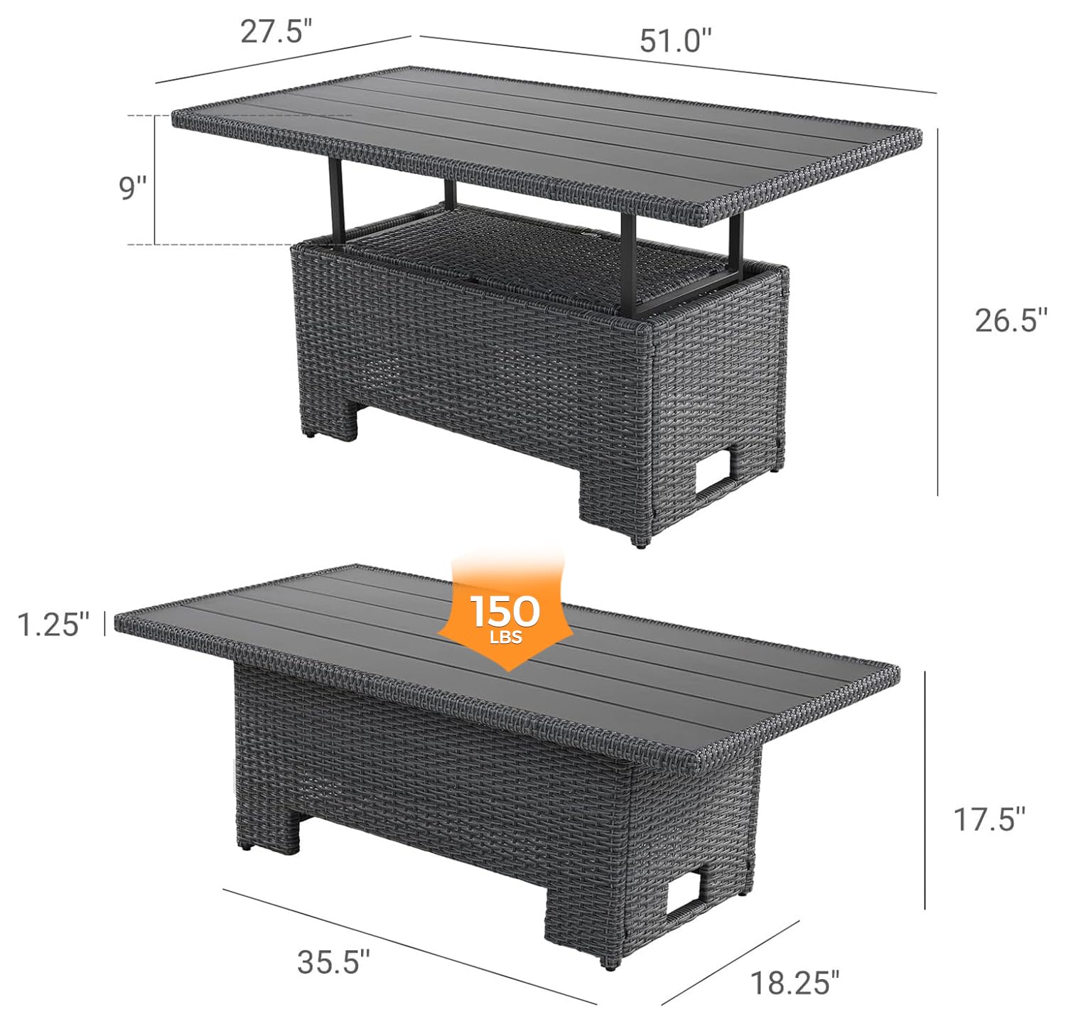 **Outdoor Coffee Table with Adjustable Lift Top & Storage Shelf - Patio, Garden, Picnic - Weather-Resistant Wicker Furniture for Relaxing & Entertaining**