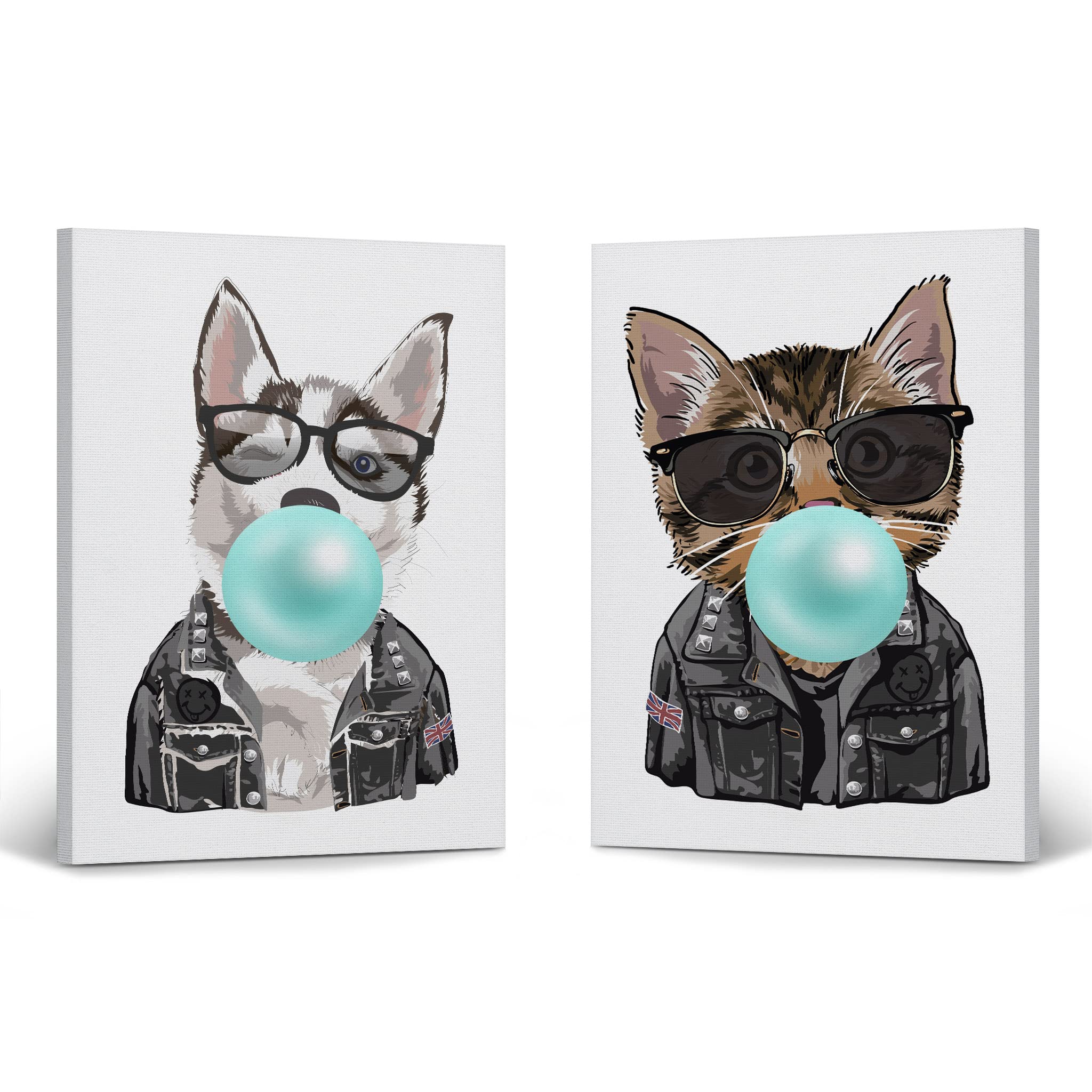 Husky Dog and Cat Chewing Bubble Gum Canvas Wall Art Set - 2 Piece Animal Pop Art Prints for Living Room, Bedroom, Nursery Decor (22x15 Inches) - Perfect for Pet Lovers and Modern Home Decor