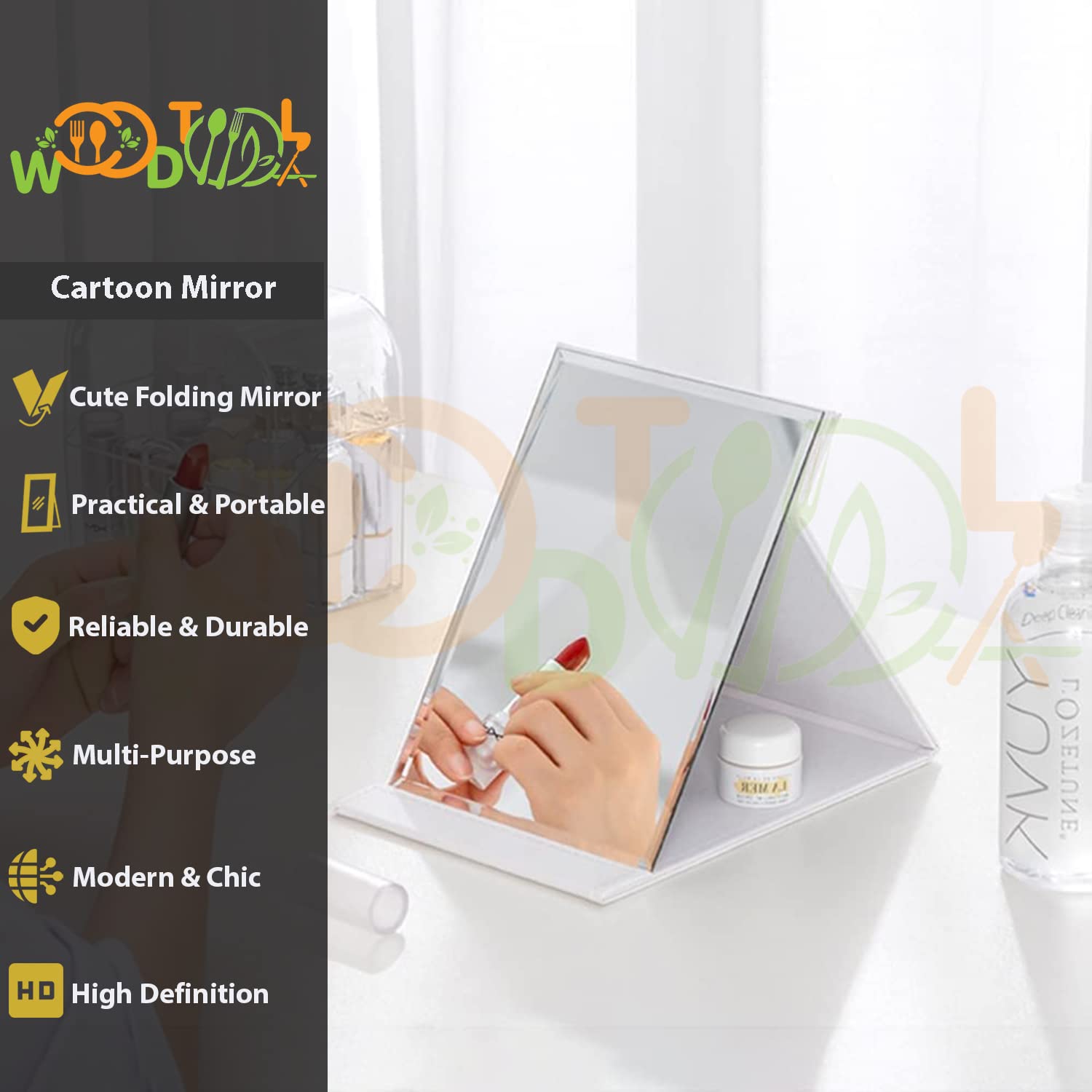 WOODTULA Portable Folding Makeup Mirror - HD Vanity Mirror with Stand, Compact Travel Mirror for Home & On-the-Go (White) - Perfect for Bedroom Dressing Table, Hotel Travel & Gift Giving