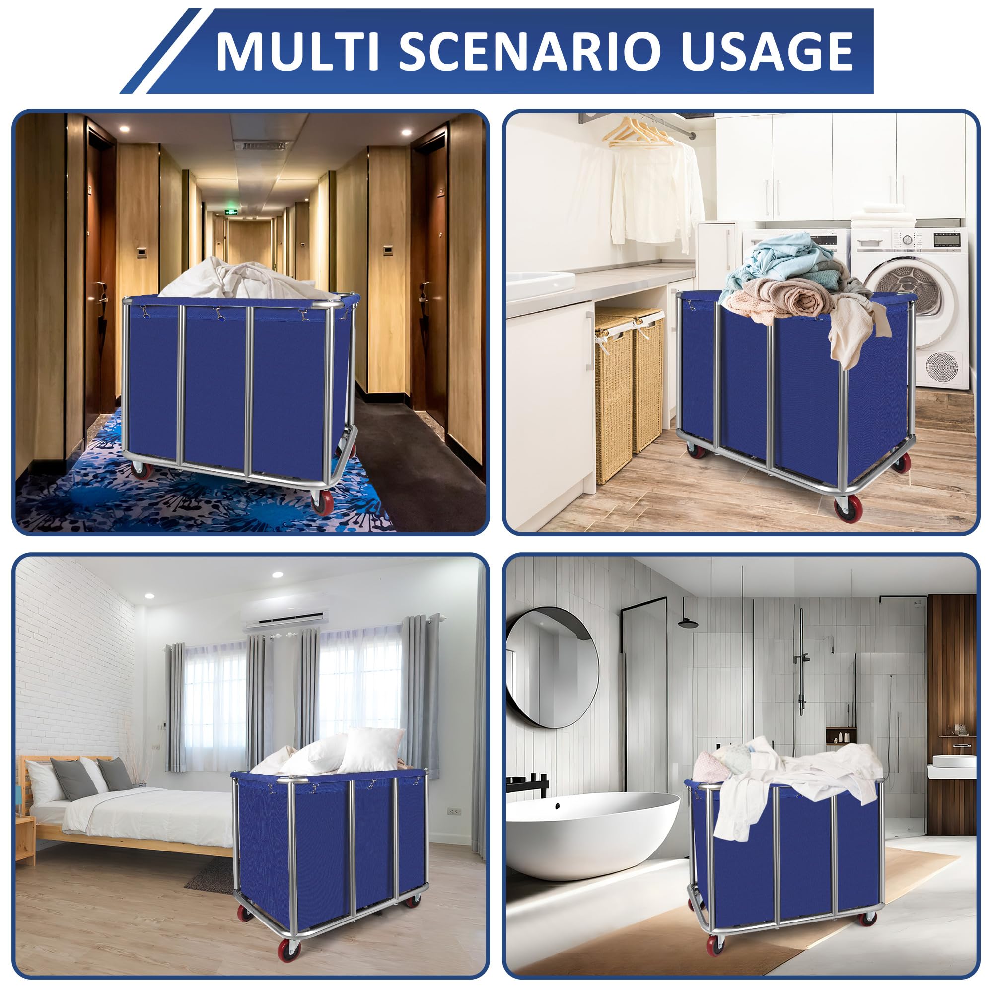 Commercial Laundry Cart with Wheels - 11.35 Bushel Heavy Duty Industrial Laundry Hamper, Stainless Steel Frame & Waterproof Oxford Cloth, 440Lbs Capacity - Perfect for Hotels, Hospitals, Laundromats & Large Facilities