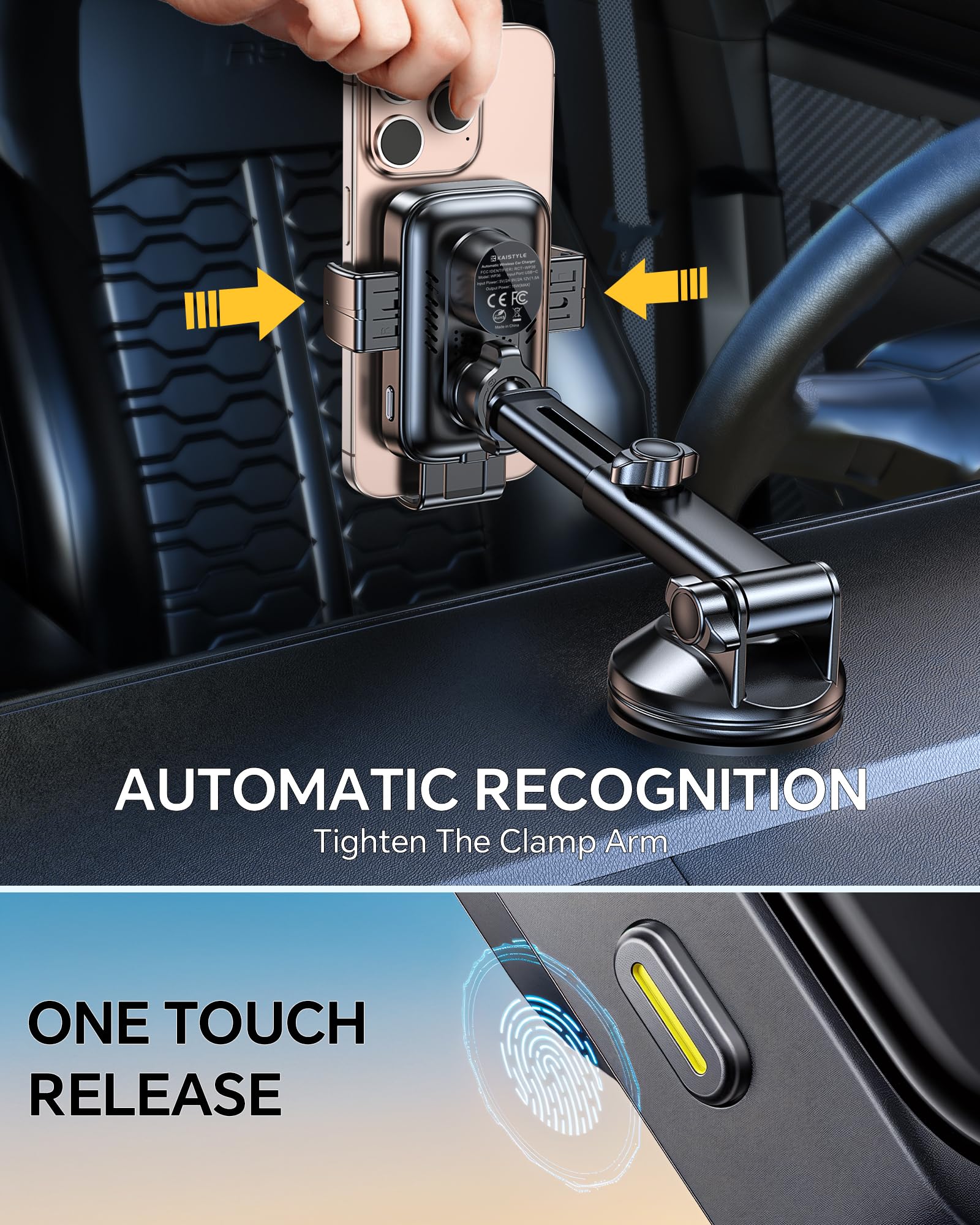 Wireless Car Charger Mount - Fast Charging Auto Clamping Phone Holder for iPhone 16/15/14, Galaxy S24/S23/S22 - Compatible with Dashboard, Vent & Windshield - Perfect for Road Trips & Daily Commutes