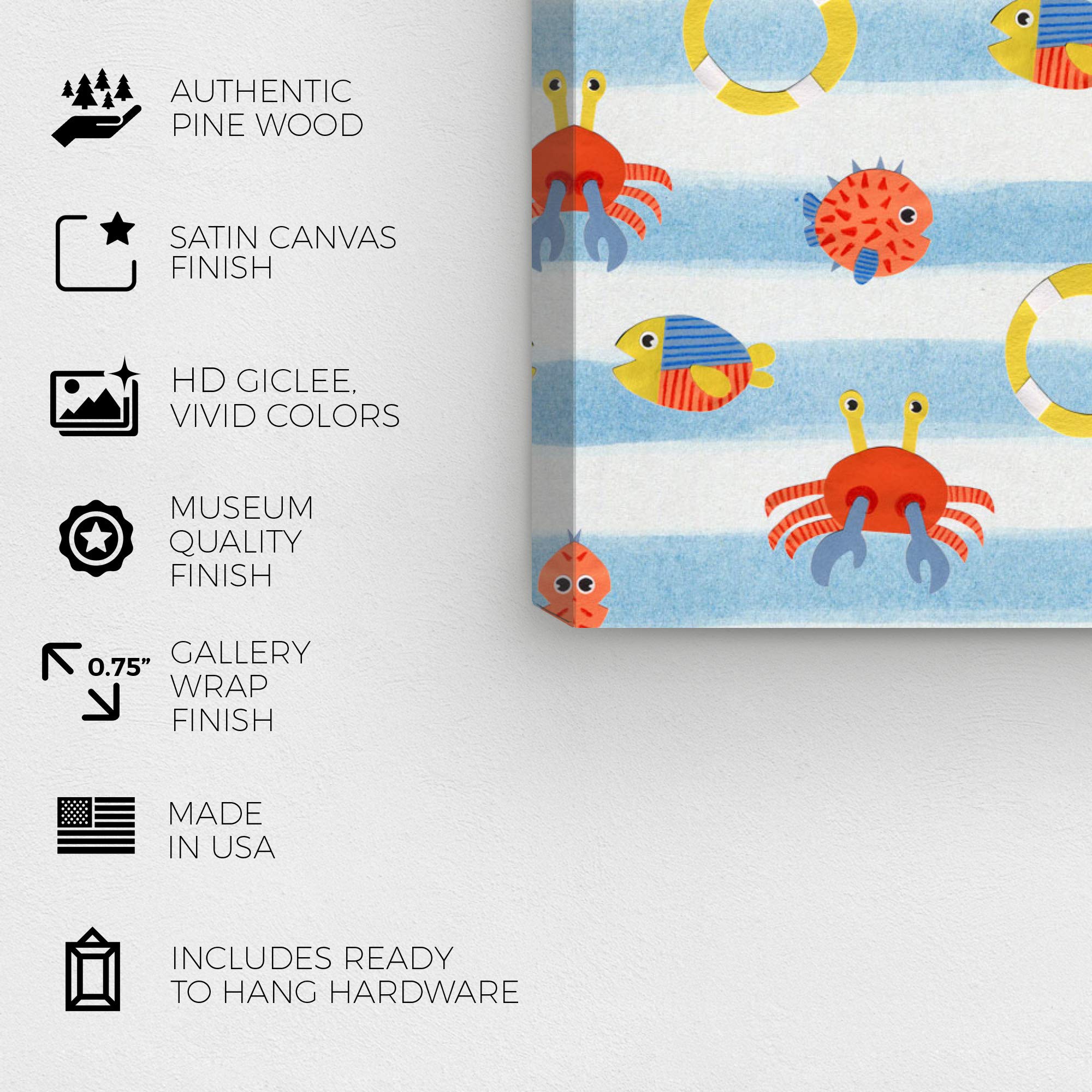Wynwood Studio Nautical Coastal Wall Art Canvas Print - Fish Crab Lifesaver Pattern Home Decor - 20x20 Inches Blue & Orange - Perfect for Beach House, Bathroom & Coastal Living Room Decor