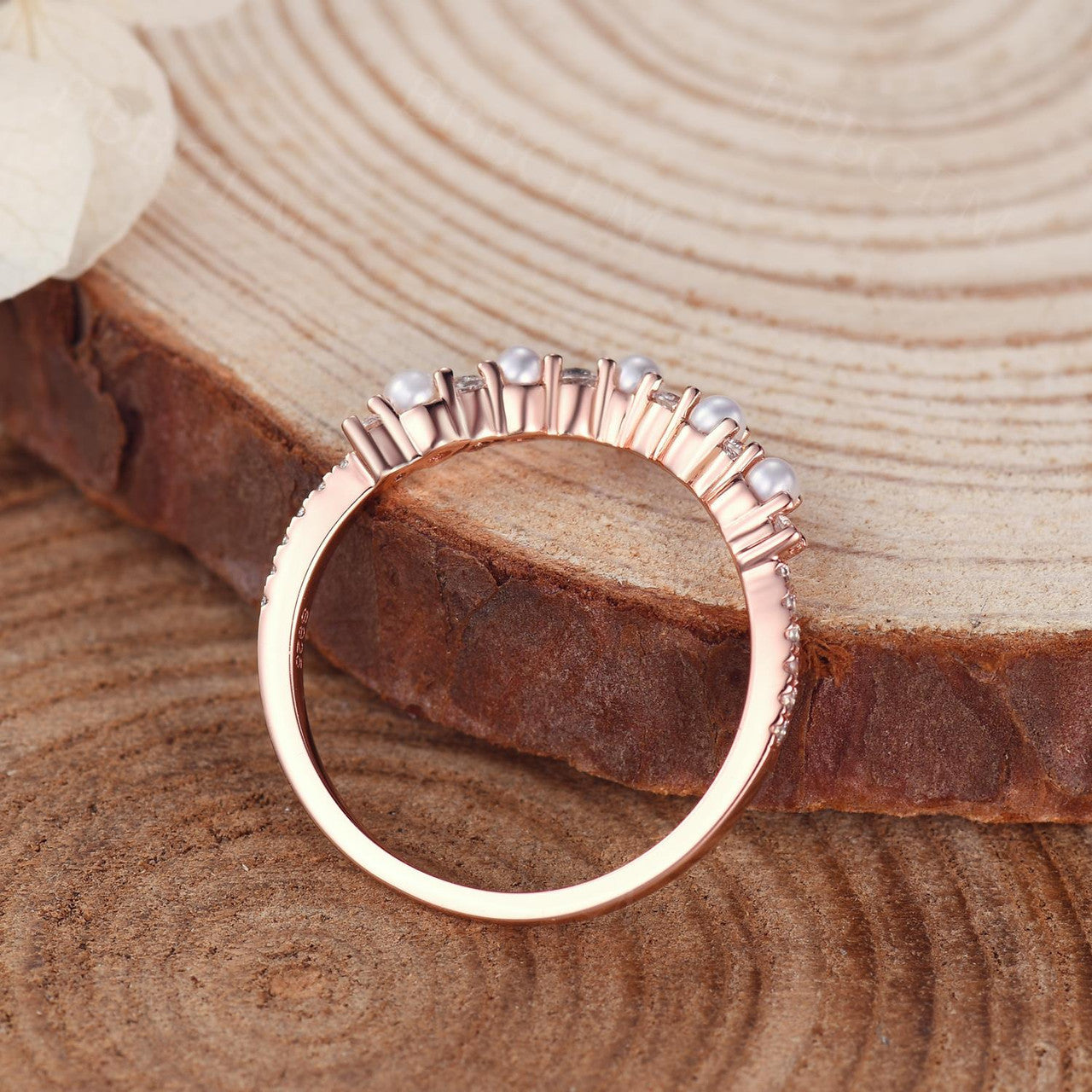 14K Rose Gold Petite V-Shaped Pearl & Diamond Stacking Ring for Women - Elegant Curve Band for Layering, Stacking, and Everyday Wear