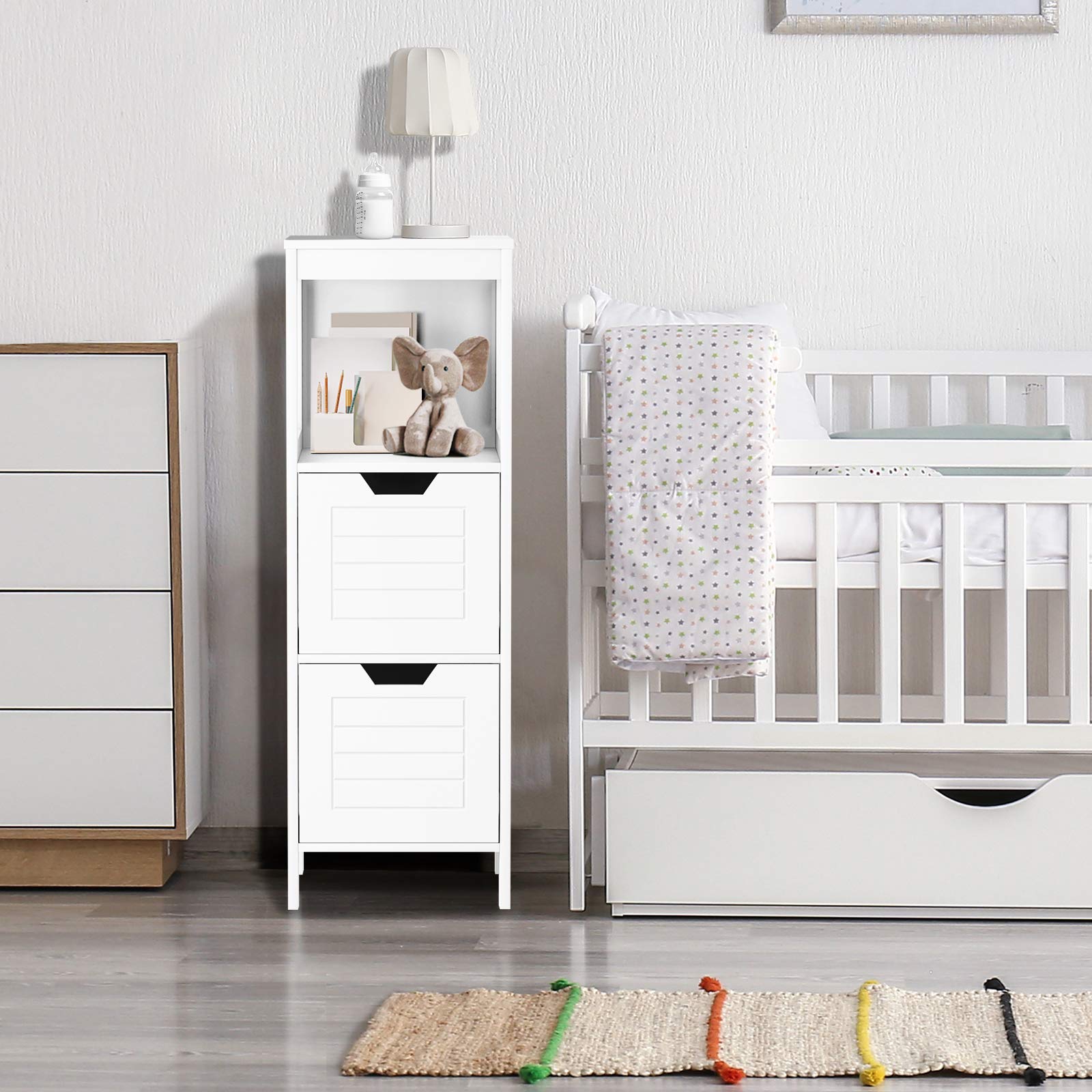 White Bathroom Floor Cabinet with 2 Adjustable Drawers & Open Shelf - Multifunctional Storage Organizer for Bathroom, Living Room & Small Spaces - Perfect for Towel Storage, Toiletries Organization & Home Decor
