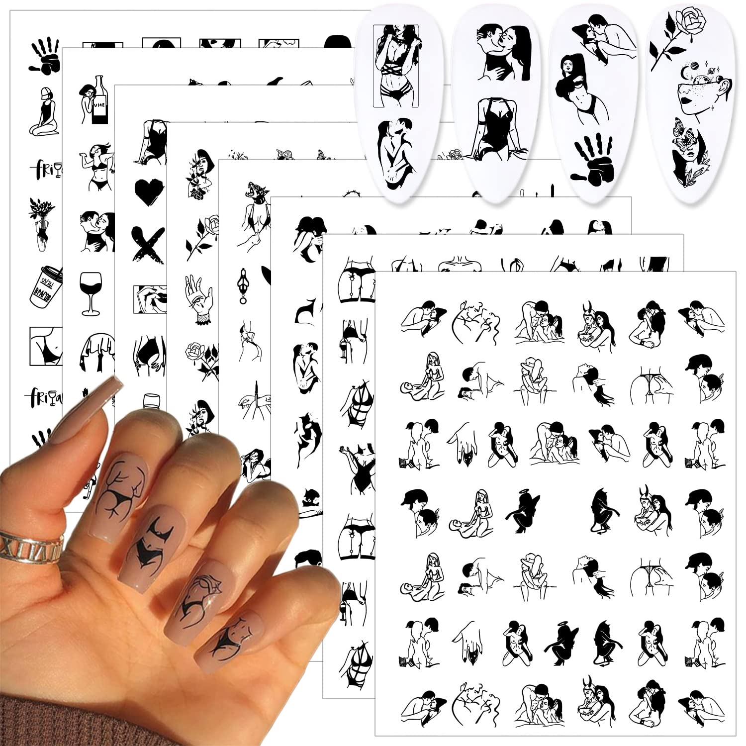 Bad Girl Nail Stickers - 8 Sheets 3D Black White Nail Decals for Women | Party & Night Out Nail Art