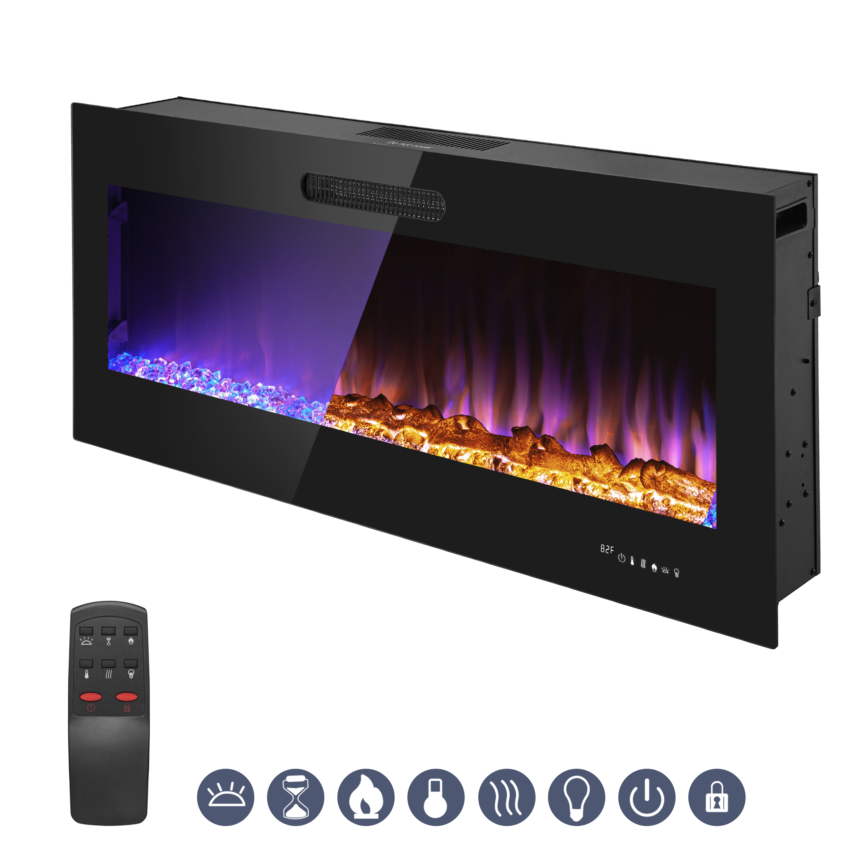 50 Inch LED Slim Electric Fireplace Insert - Wall Mounted Fireplace with 1500W Heater, Log & Crystal Ember Options, Adjustable Realistic Flame, Remote Control - Perfect for Living Room, Bedroom & Office Heating