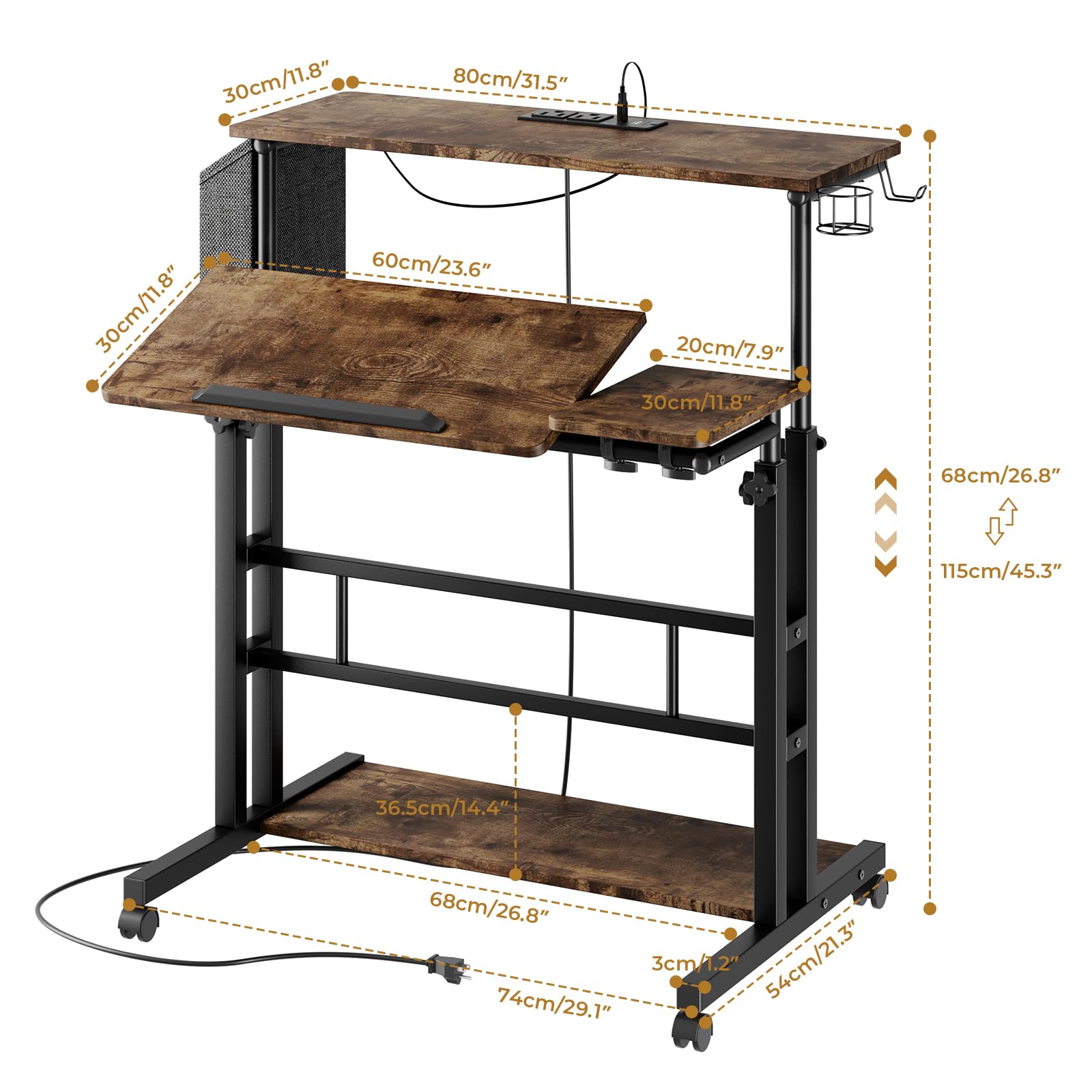 Dripex Adjustable Height Mobile Standing Desk with Power Outlets, LED Strip Lights & Storage - Rolling Computer Table with Cup Holder, Hook & Storage Bag - Perfect for Home Office, Gaming & Art Studio Workspaces