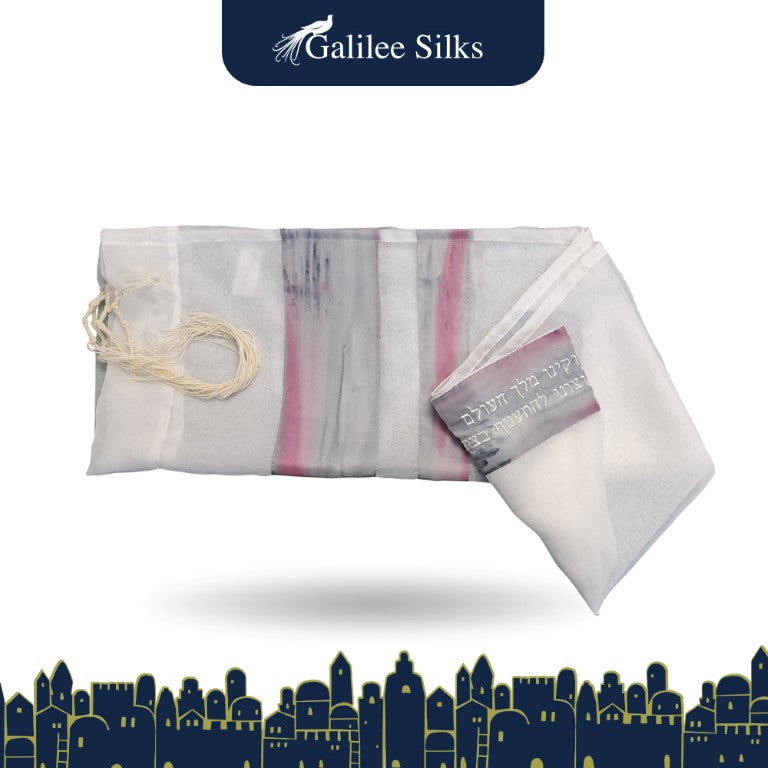 Pink and Gray Silk Striped Tallit for Women - Elegant Bat Mitzvah Prayer Shawl with Tzitzit Fringes | Perfect for Jewish Ceremonies, Synagogue Worship & Special Occasions