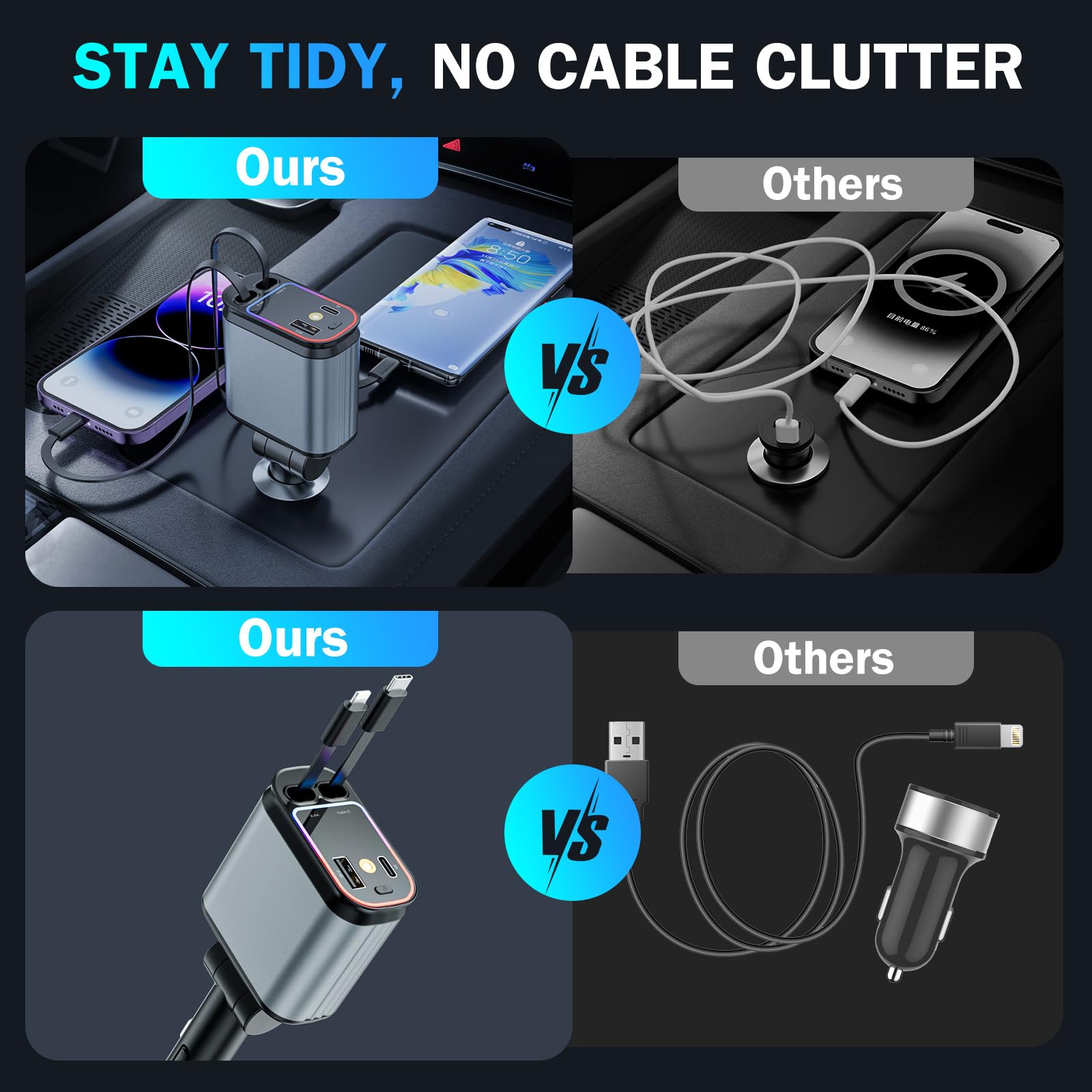 66W USB C Car Charger with Starlight - 4-in-1 Retractable Fast Charging Adapter with 2 USB Ports for iPhone 16/15/14/13/12/11 & Android Phones - Dark Grey - Perfect for Road Trips & Daily Commute