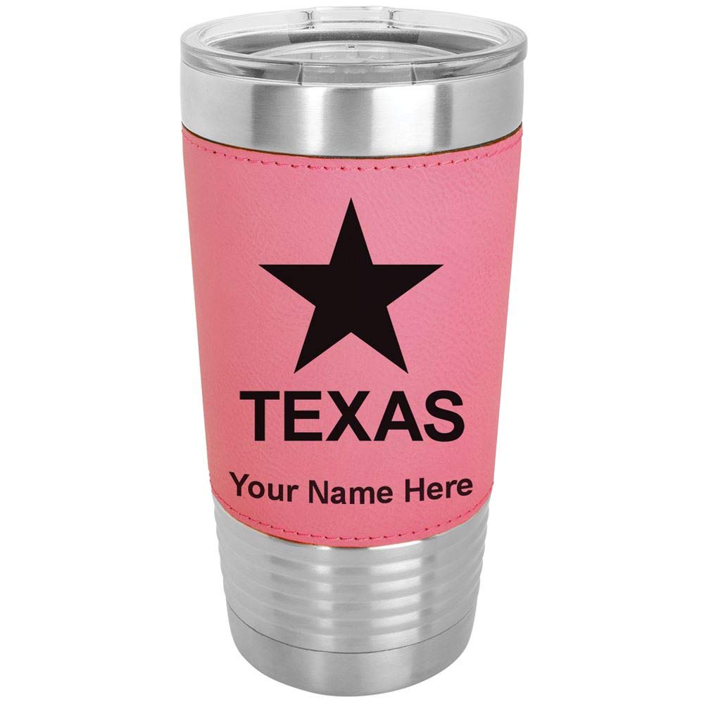 LaserGram 20oz Vacuum Insulated Stainless Steel Tumbler with Texas Flag Design - Personalized Engraved Travel Mug, Leakproof & Sweatproof - Perfect for Coffee, Tea & Cold Drinks at Work, Gym or Outdoor Adventures (Faux Leather, Pink)