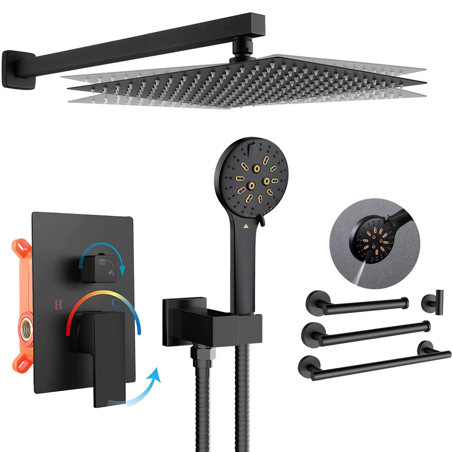 12 Inch Black Shower Faucet Set - Wall Mount Rainfall Shower Head with Handle & 4-Piece Bathroom Hardware Kit | Perfect for Modern Bathroom Renovation & Spa-Like Shower Experience