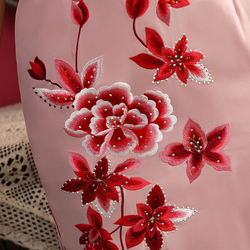 Elegant Green & Pink Beaded Embroidered Cheongsam Qipao Dress for Women | Vintage Chinese Traditional Dress for Parties, Weddings & Special Occasions