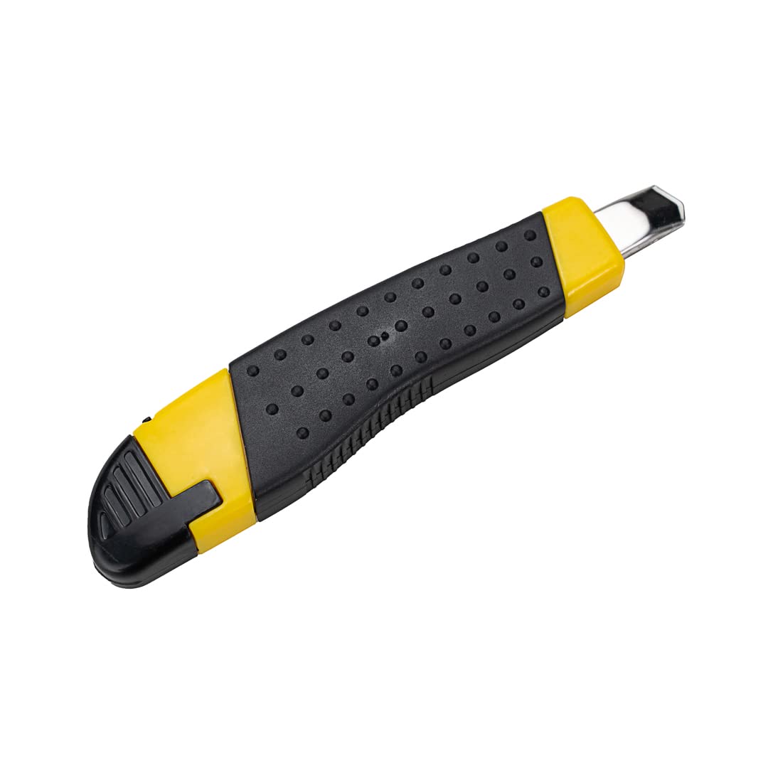 Handy Tek 5.3 Inch Retractable Utility Knife Set of 4 - Snap-Off Blades with Built-In Safety Lock, Heavy Duty Sharp Breakaway Knives for Restaurant, Kitchen, Office & DIY Projects - Yellow Plastic Handle Box Cutter