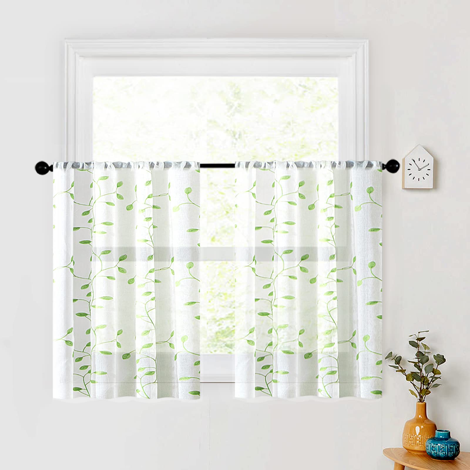 MRTREES Sheer Tier Curtains 30x24 Inches - 2 Panel Set with Leaf Embroidery, Rod Pocket Voile Kitchen & Bathroom Window Treatments for Half Windows | Perfect for Bedroom, Living Room & Dorm Decor (Green Leaves)