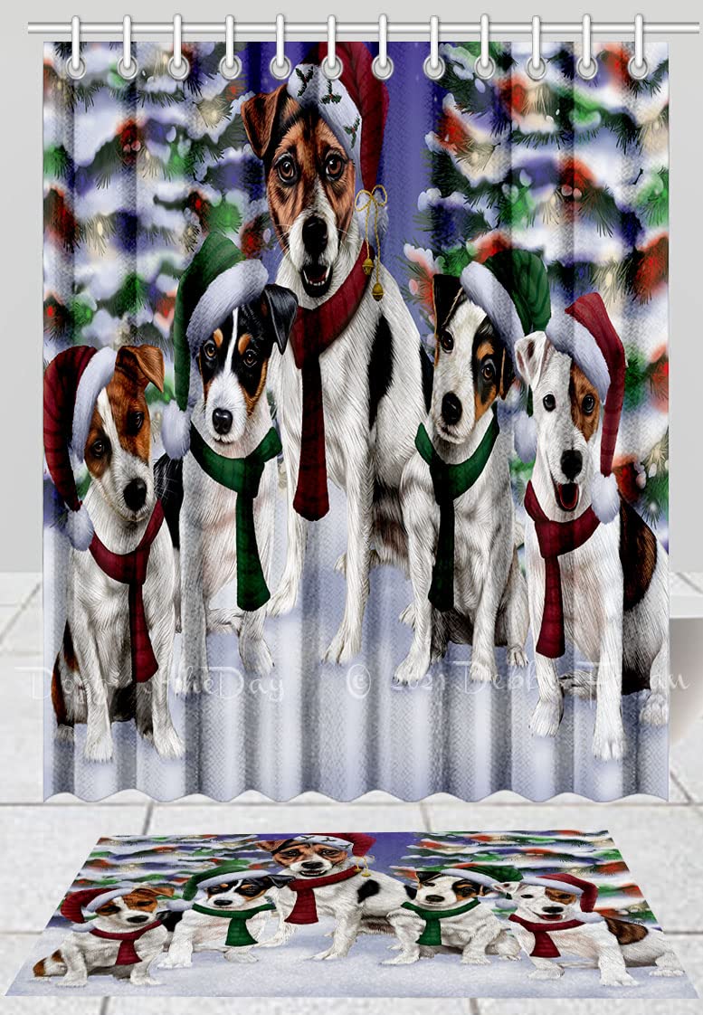 Christmas Family Portrait Jack Russell Dogs Shower Curtain & Bath Mat Set - Anti-Slip Bathroom Decor, Plush Rug & Polyester Bathtub Curtain with Hooks (20''x32'' Bath Mat, 69
