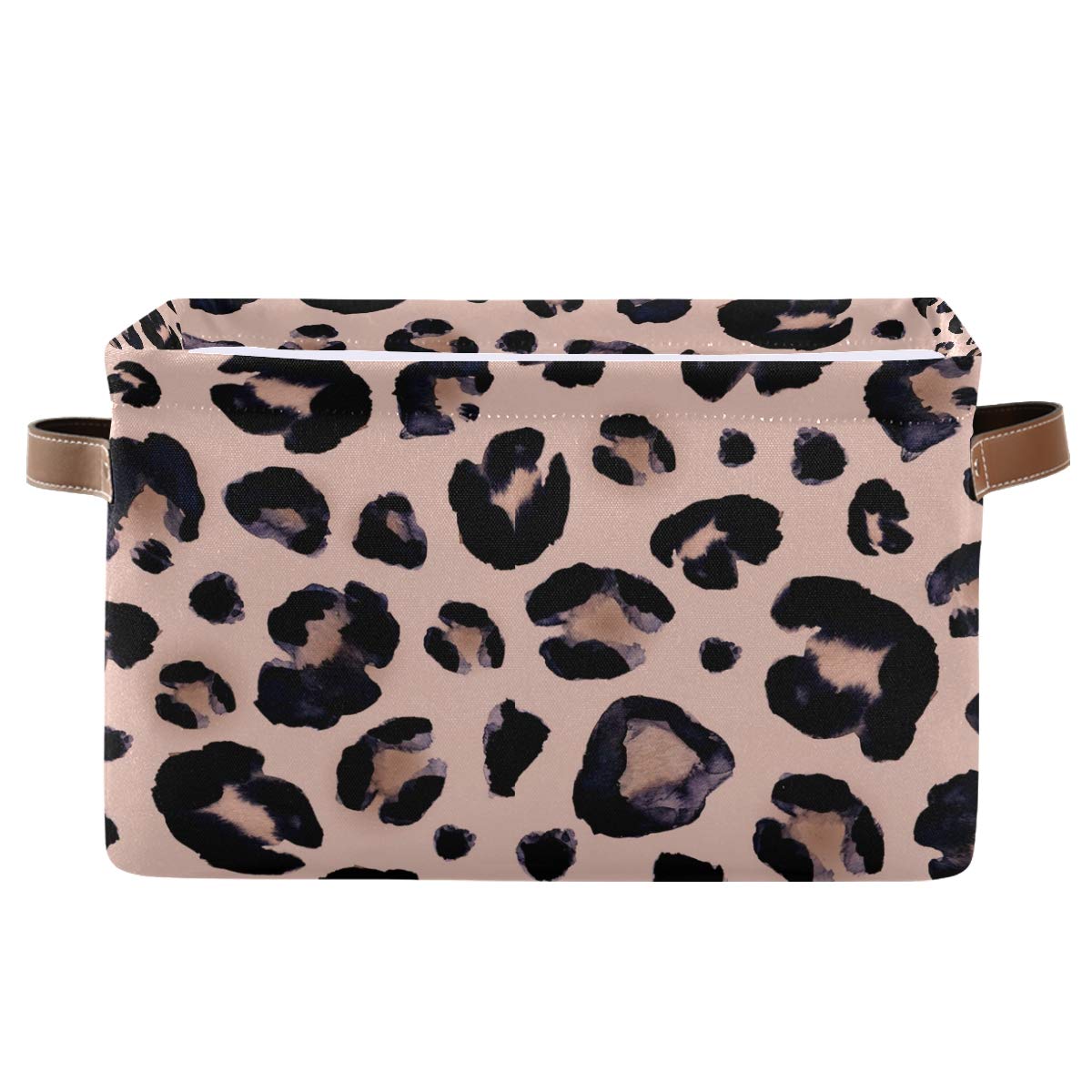 AGONA Large Foldable Storage Bin with Leather Handles - Collapsible Fabric Storage Basket for Home, Closet & Bedroom Organization (Leopard Pink, 1 Pack) - Perfect for Nursery, Pet Supplies & Seasonal Decor Storage