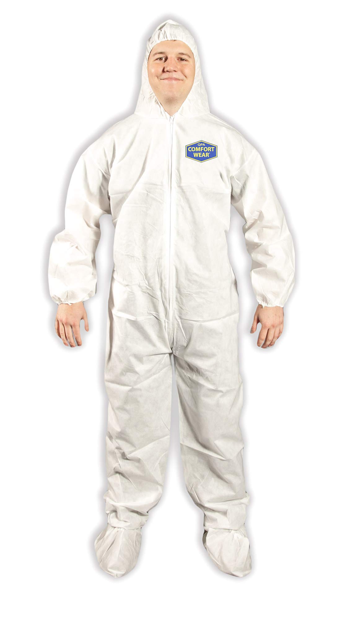 Quest Safety Products Comfortwear Disposable Coveralls with Hood & Boot - White Hazmat Suit for Chemical Protection, Painting, Construction & Industrial Safety