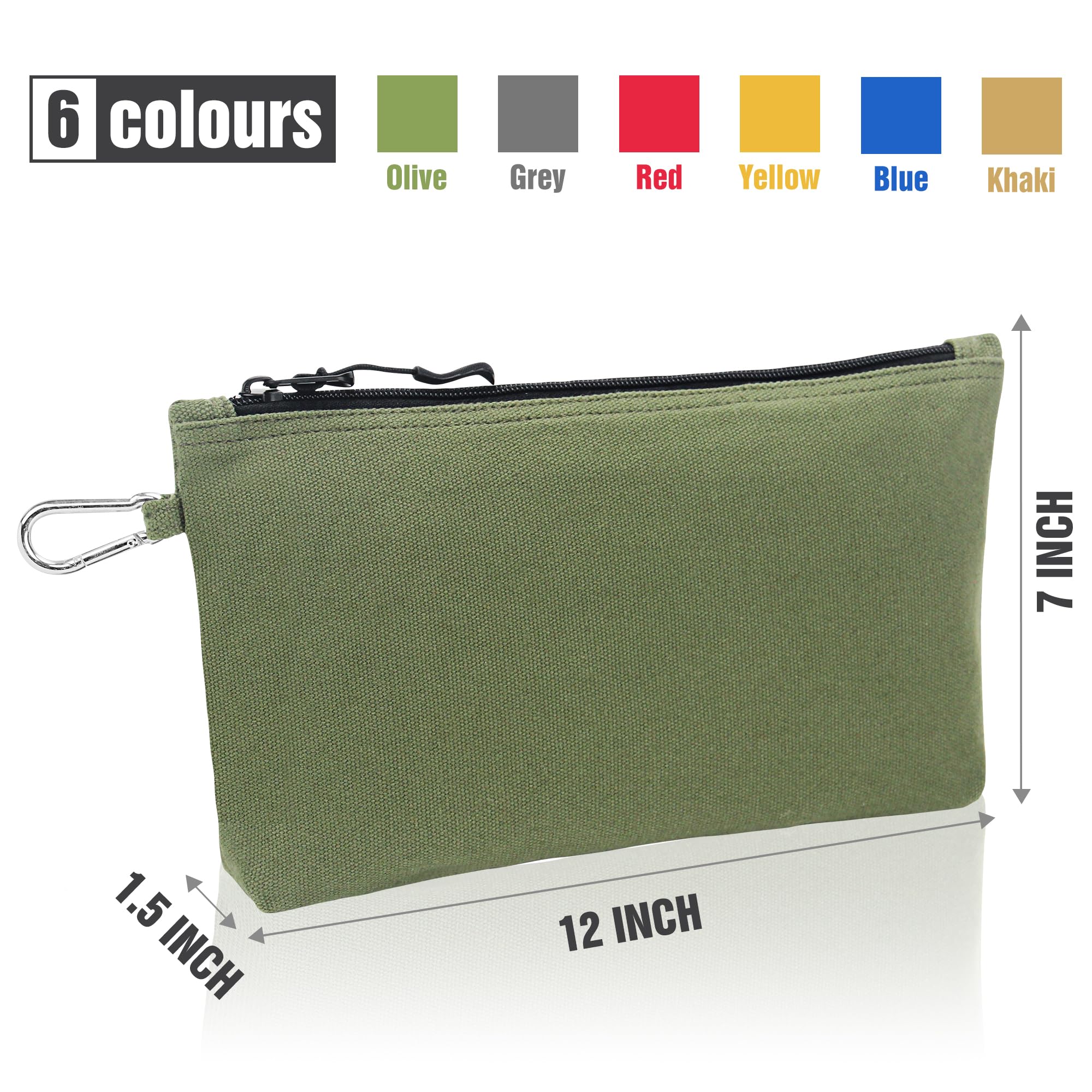 6 Pack Heavy Duty 16 OZ Canvas Tool Bags with Carabiner Clip - Multipurpose Zippered Pouch for Tools, Gardening, Camping & DIY Projects - Durable Construction with Reinforced Zippers