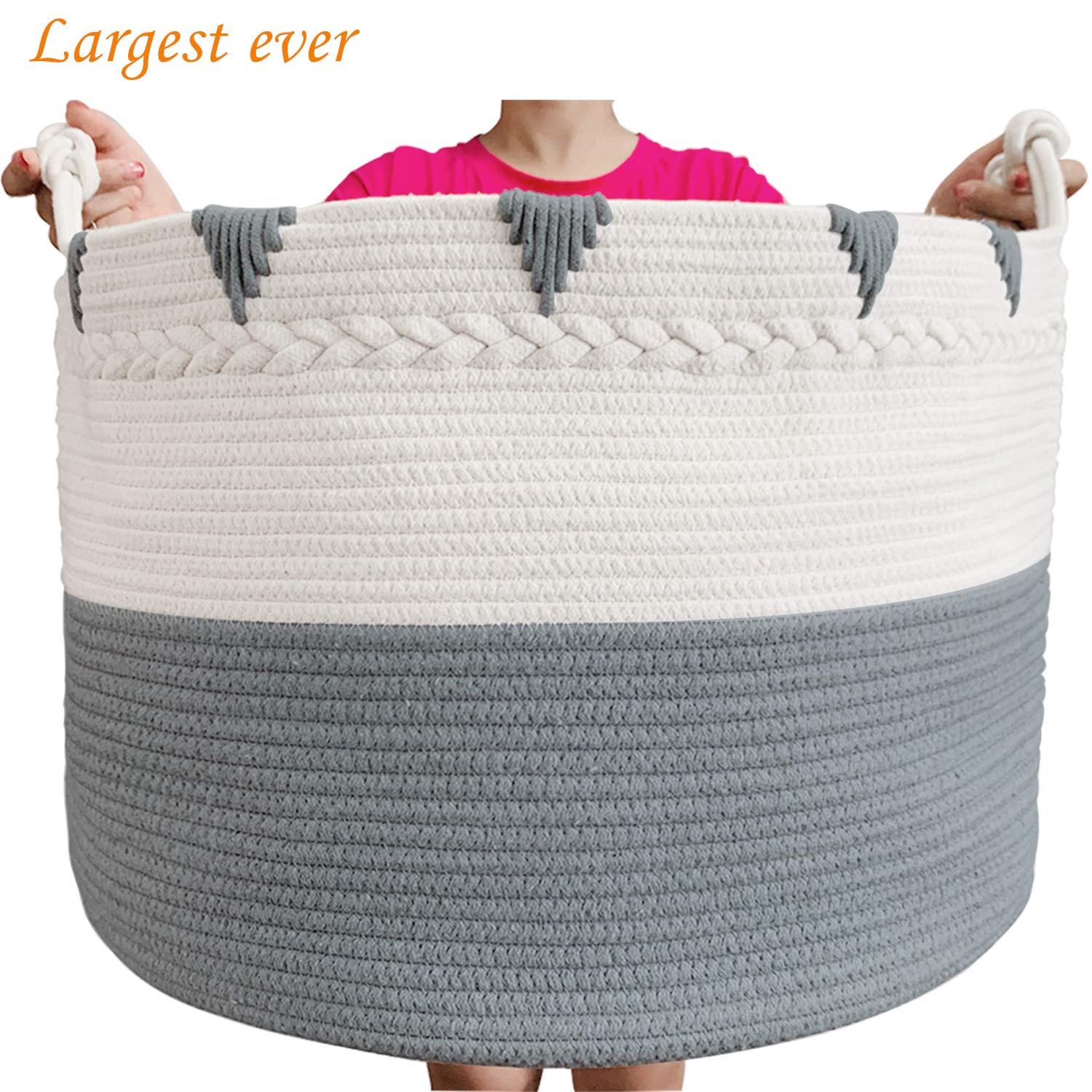 TerriTrophy Extra Large Cotton Rope Blanket Basket 22x22x16 Inches - Woven Laundry Hamper & Storage Basket for Towels, Toys, Diapers - Perfect for Nursery, Bathroom & Laundry Room Organization