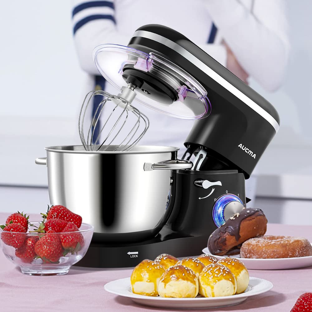 Aucma 6.2L Stand Mixer for Baking - Electric Kitchen Mixer with Stainless Steel Bowl, Dough Hook, Wire Whip & Beater (Black) - Perfect for Cakes, Cookies, Bread & Pastry Making