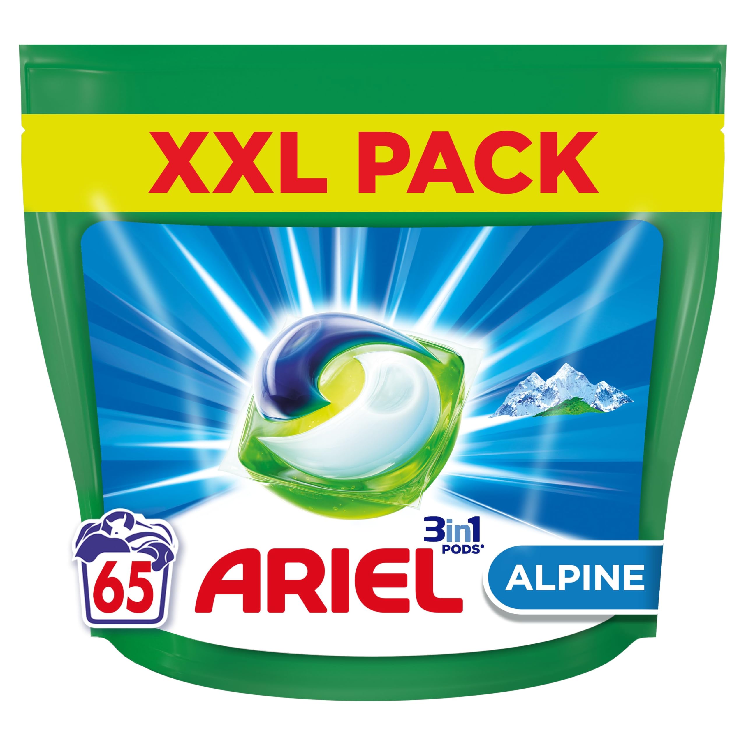 Ariel 3-in-1 Laundry Detergent Pods, 65 Count, Alpine Fresh Scent, Fast Dissolving, Works in Cold & Short Cycles - Perfect for Travel, Apartments & Quick Loads