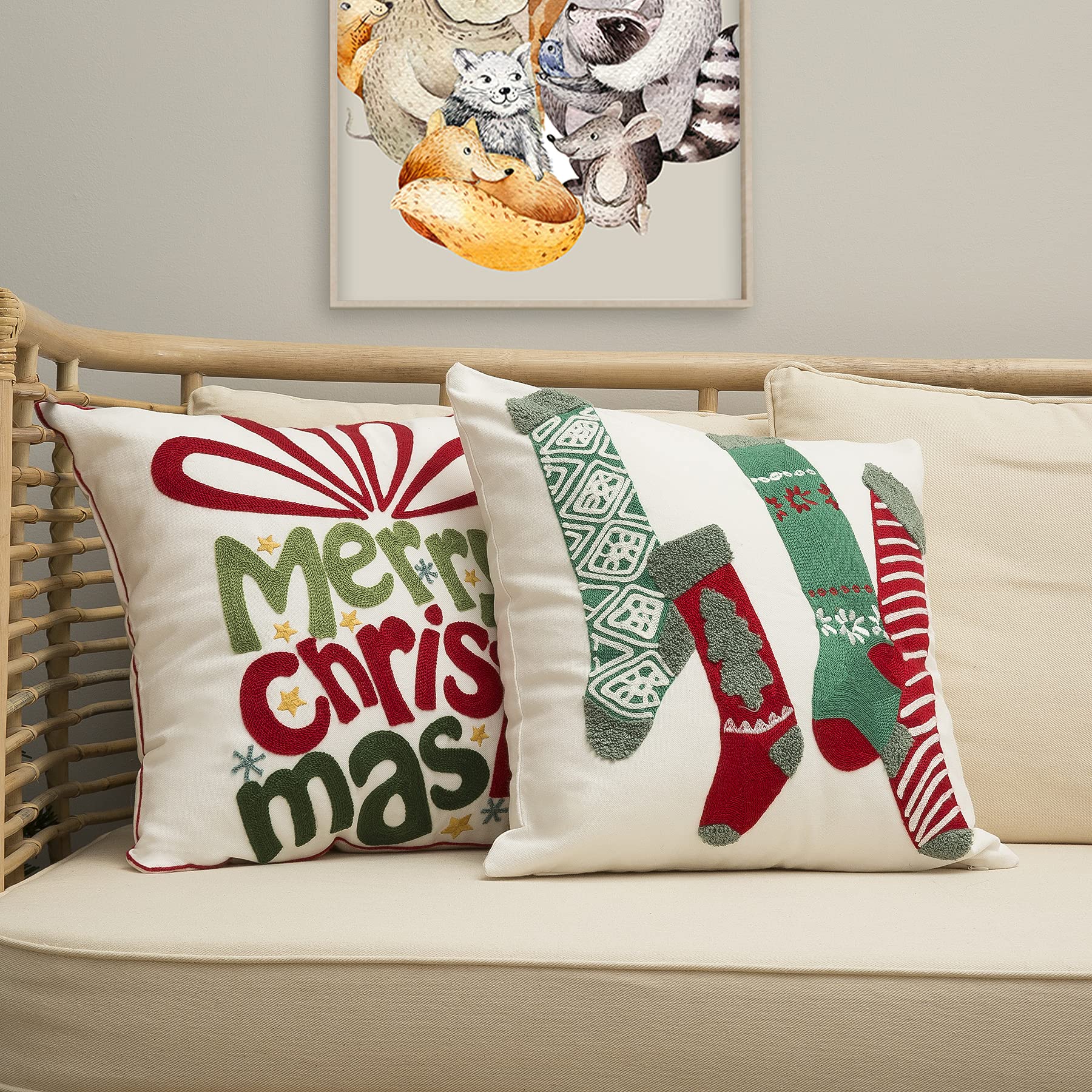 Festive Christmas Pillow Cover Set of 2 - 18x18 Inch Embroidered Cotton Linen Holiday Cushion Covers for Sofa, Living Room - Perfect for Xmas Decor, Winter Home Accents & Cozy Seasonal Styling