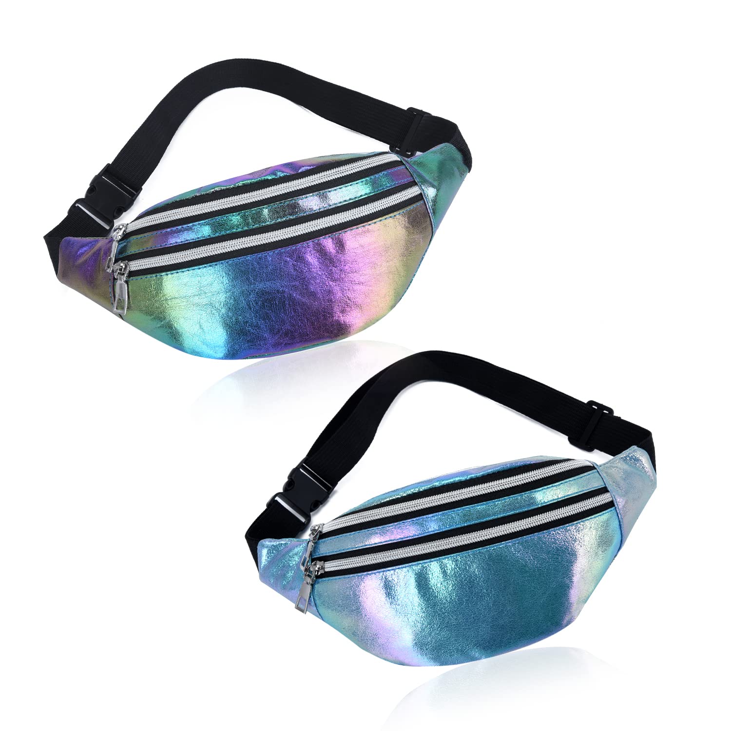 LUPBOK 2Pcs Women's Waterproof Shiny Fanny Pack Belt Bag - Crossbody Sport Waist Bag for Travel, Running, Hiking & Outdoor Activities (Colorful, Blue)