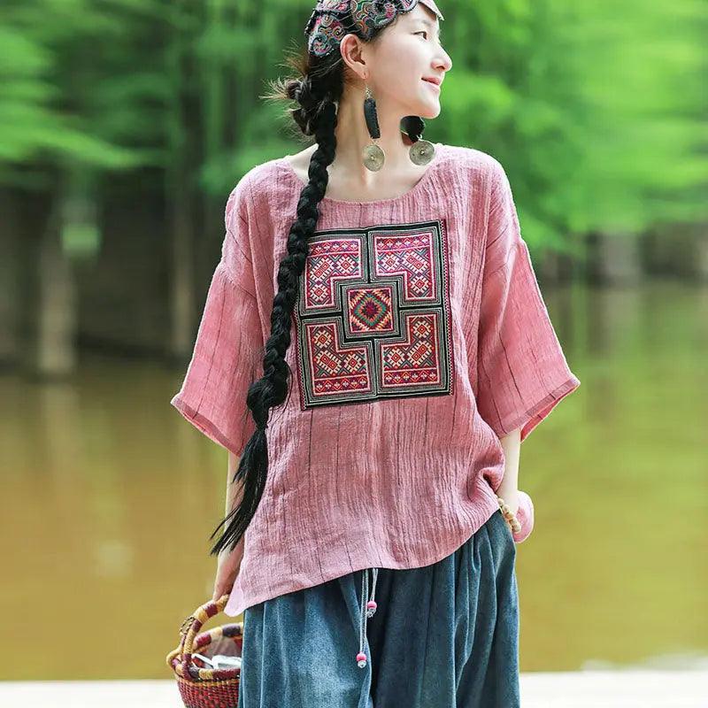 Stylish Pink Linen Embroidered Blouse for Women with Unique Totem Design - Perfect for Summer Outfits, Boho Chic Style & Casual Wear
