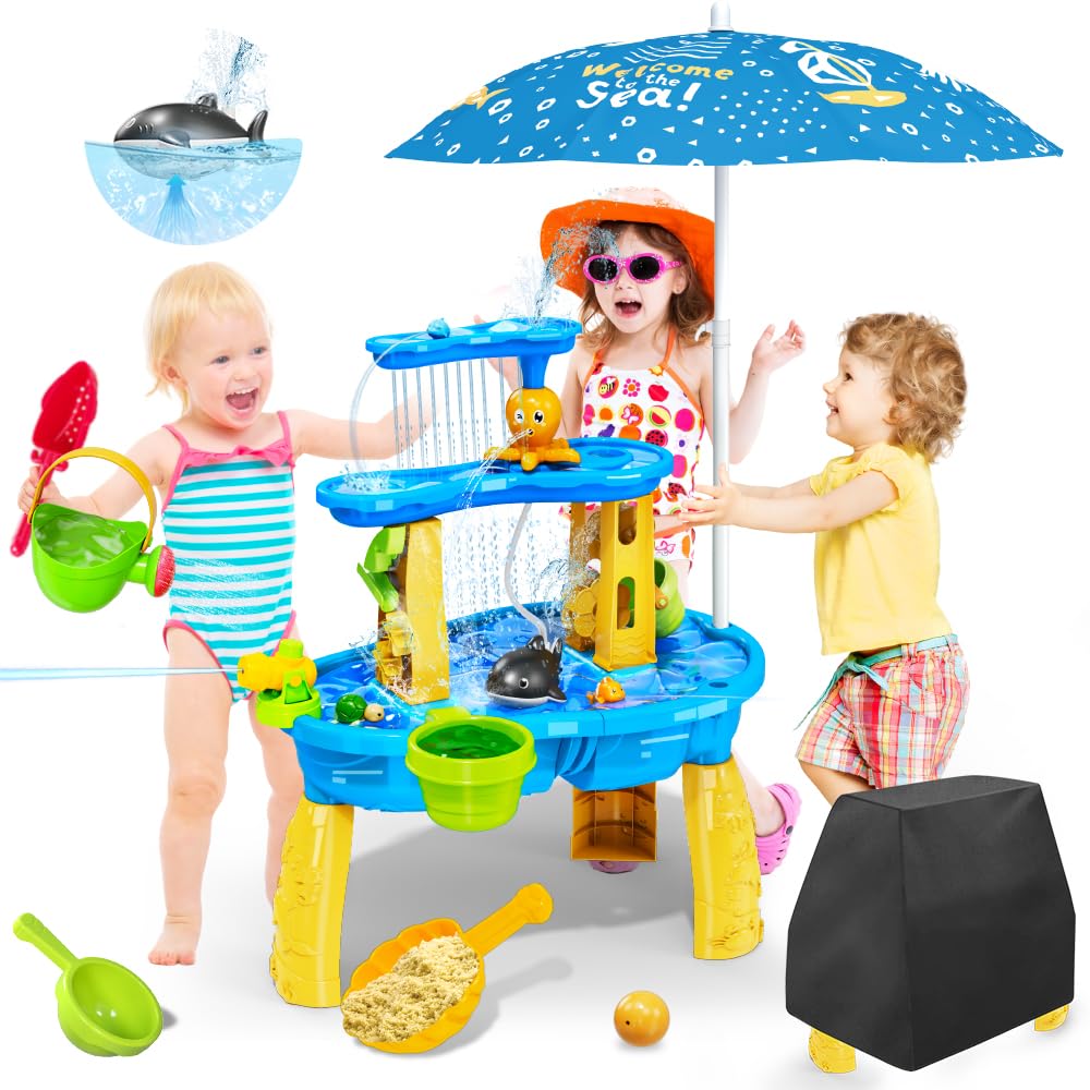 VATOS 3-Tier Sand & Water Play Table for Kids - Outdoor Water Toys with Pump & Umbrella - Sensory Activity Table for Toddlers Boys & Girls - Perfect for Backyard, Garden & Summer Water Play