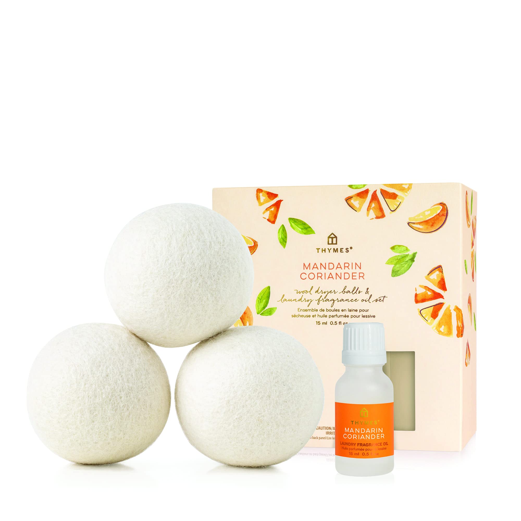 Thymes Wool Dryer Balls Set of 3 - Natural Fabric Softener with Scented Laundry Oil (Mandarin Coriander 0.5oz) - Reduce Static, Wrinkles & Lint - Eco-Friendly for Clothes Dryer - Perfect for Laundry, Baby Clothes & Sensitive Skin
