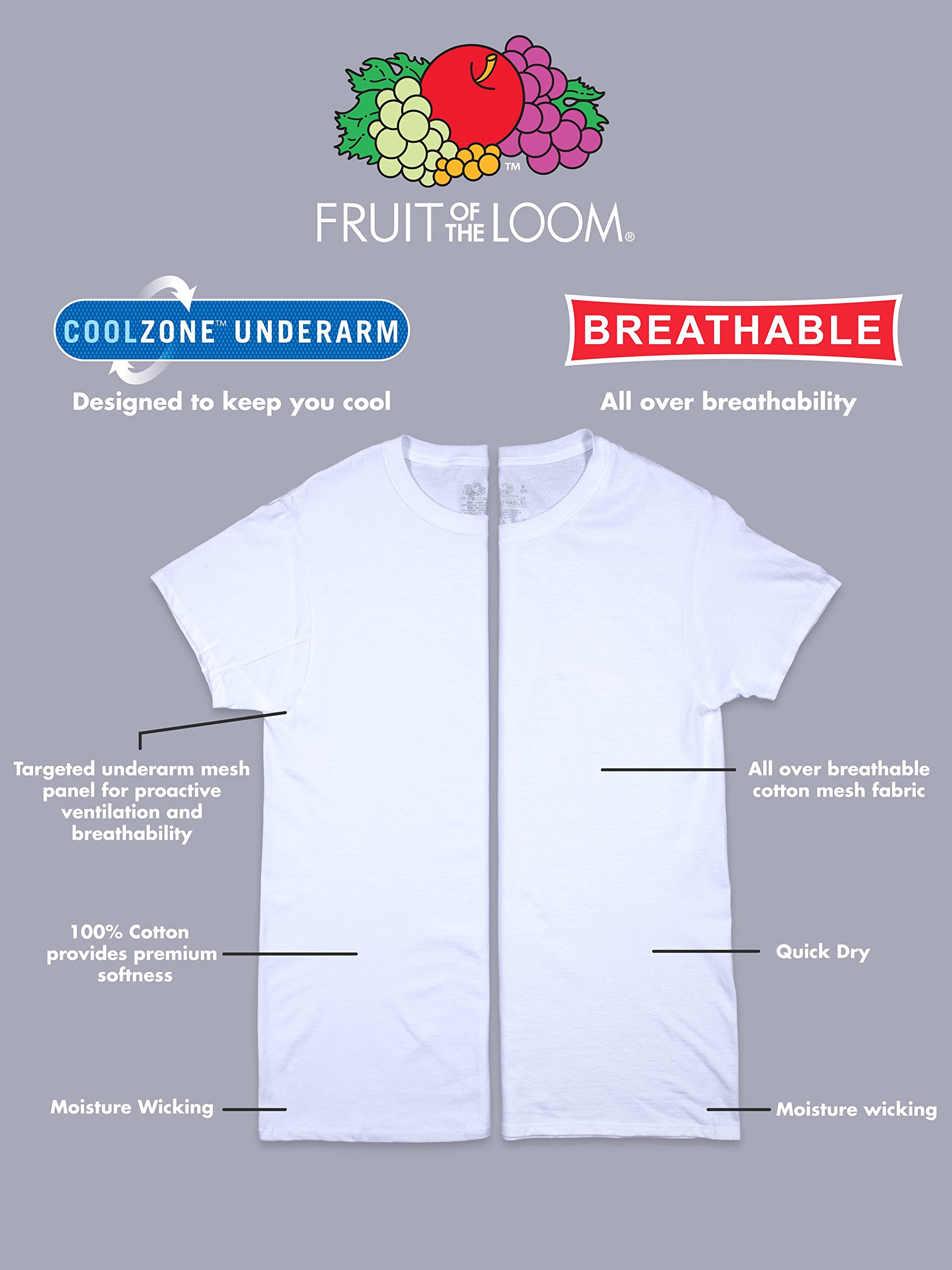 Fruit of the Loom Men's Cooling Undershirts - Quick Dry Moisture Wicking Performance T-Shirts for Workout & Everyday Comfort | Athletic Base Layer for Gym, Running & Hot Weather