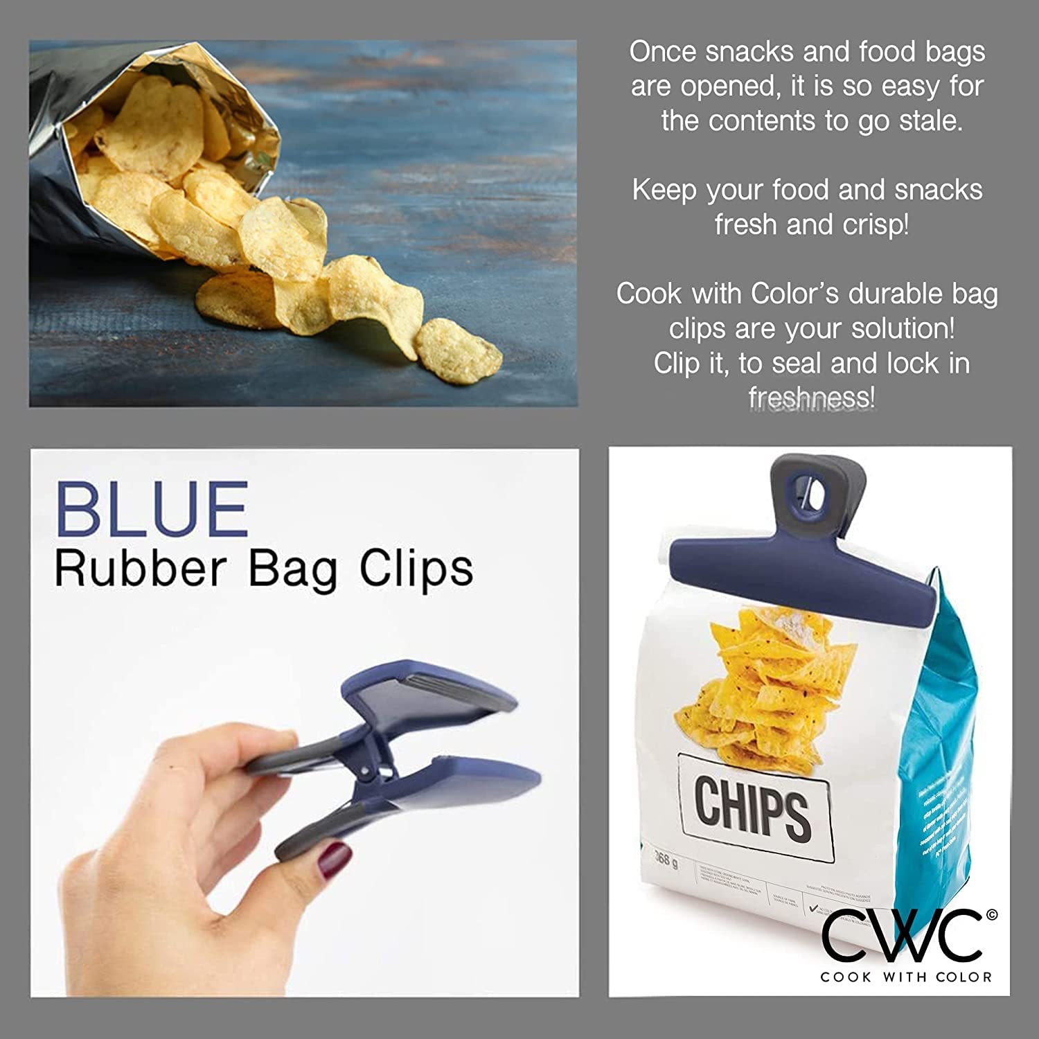 COOK WITH COLOR Heavy Duty Food Clips - 4 Pack Large Wide Bag Clips for Airtight Food Storage | Chip Clips for Chips, Snacks & Bulk Foods | Kitchen & Pantry Organization Essentials (Blue)