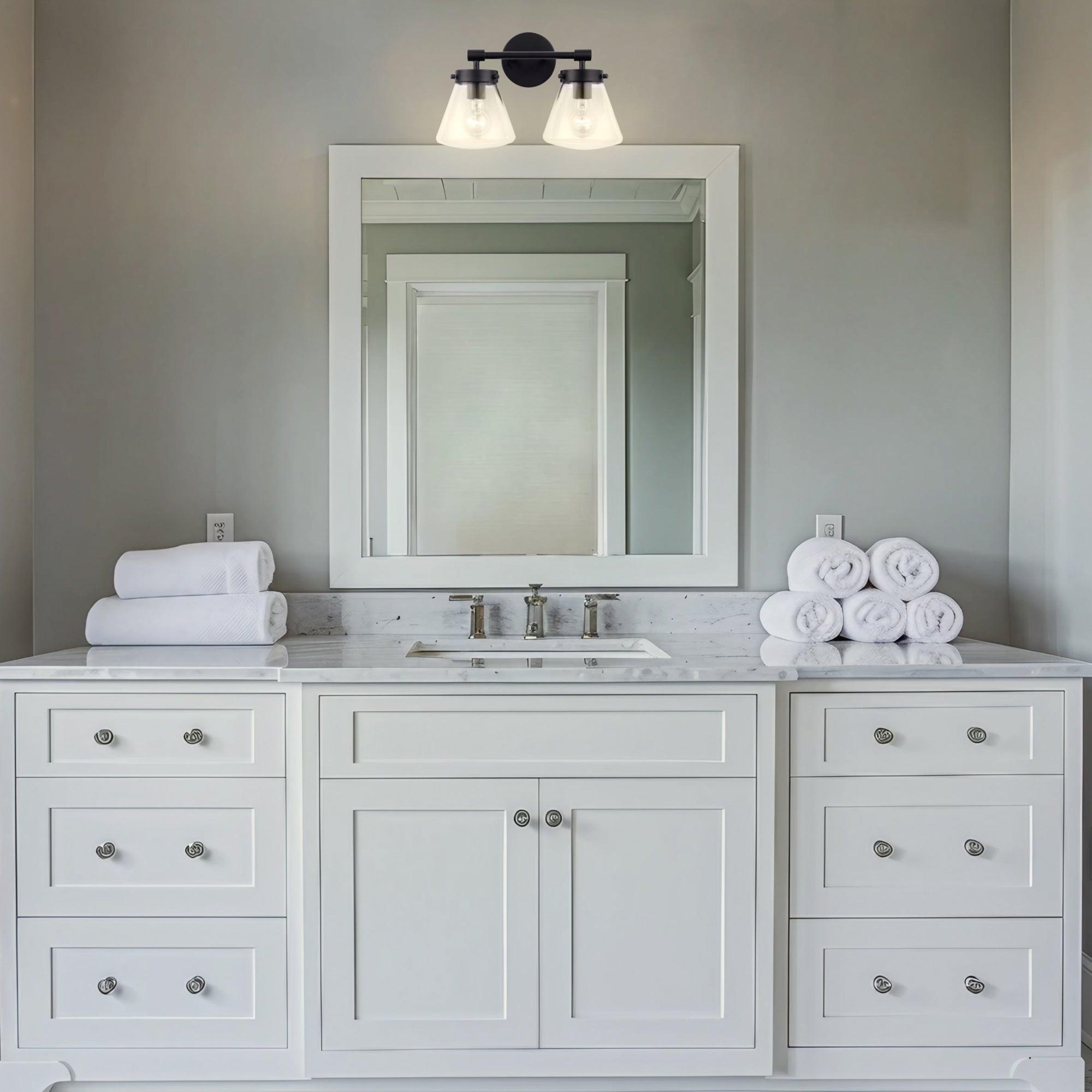 Gleam Modern Farmhouse 2-Light Vanity Light - Bathroom Wall Sconce for Mirror Lighting, Farmhouse Style Fixture with Clear Glass Shades, Perfect for Bedroom, Powder Room or Dressing Area
