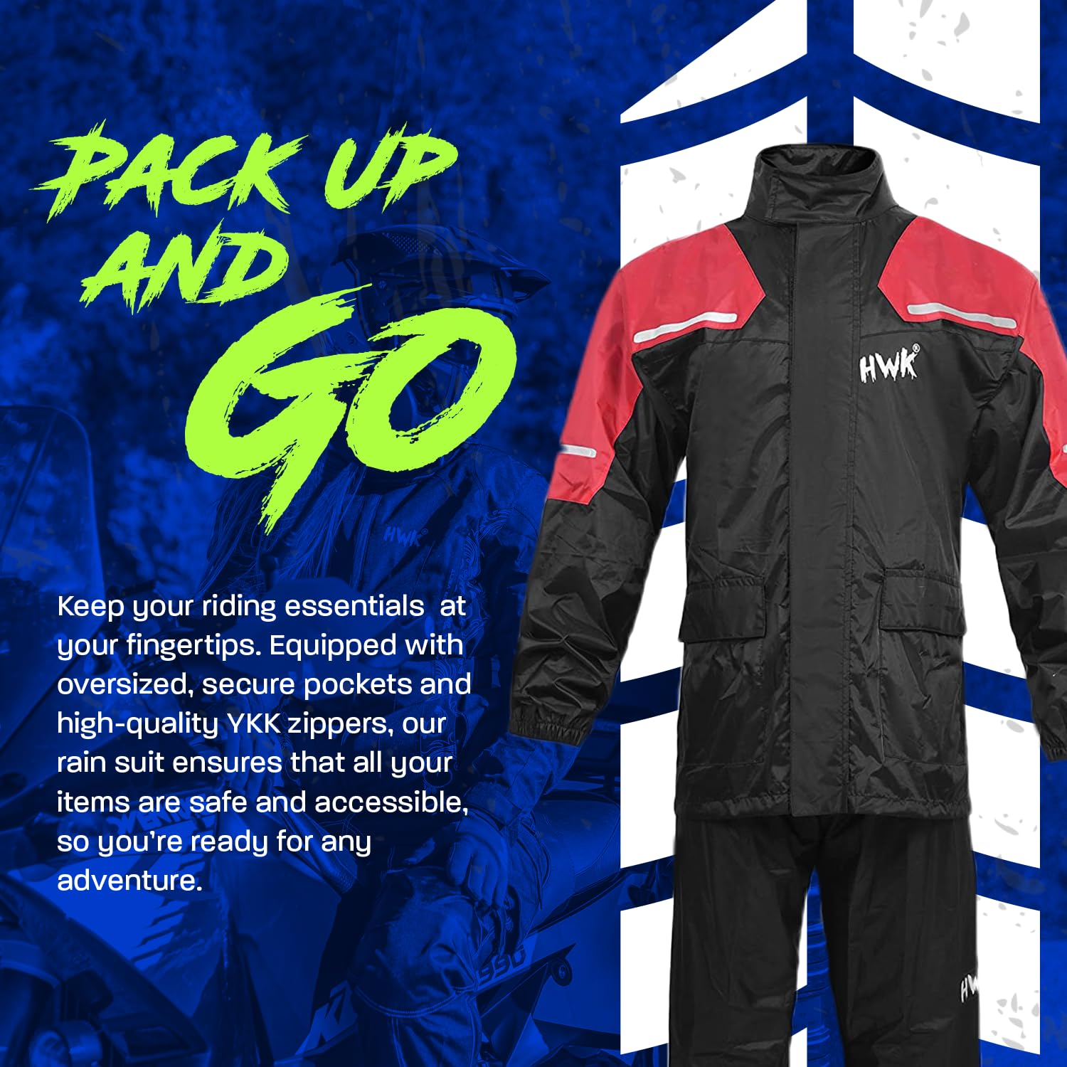HWK Motorcycle Rain Suit for Men & Women - Waterproof 2-Piece Riding Gear with Reflective Jacket & Pants - All-Season Weatherproof Protection for Motorcycles, Bikes & Scooters - Red, X-Large - Ideal for Commuting, Touring & Adventure Riding in Rainy Weather