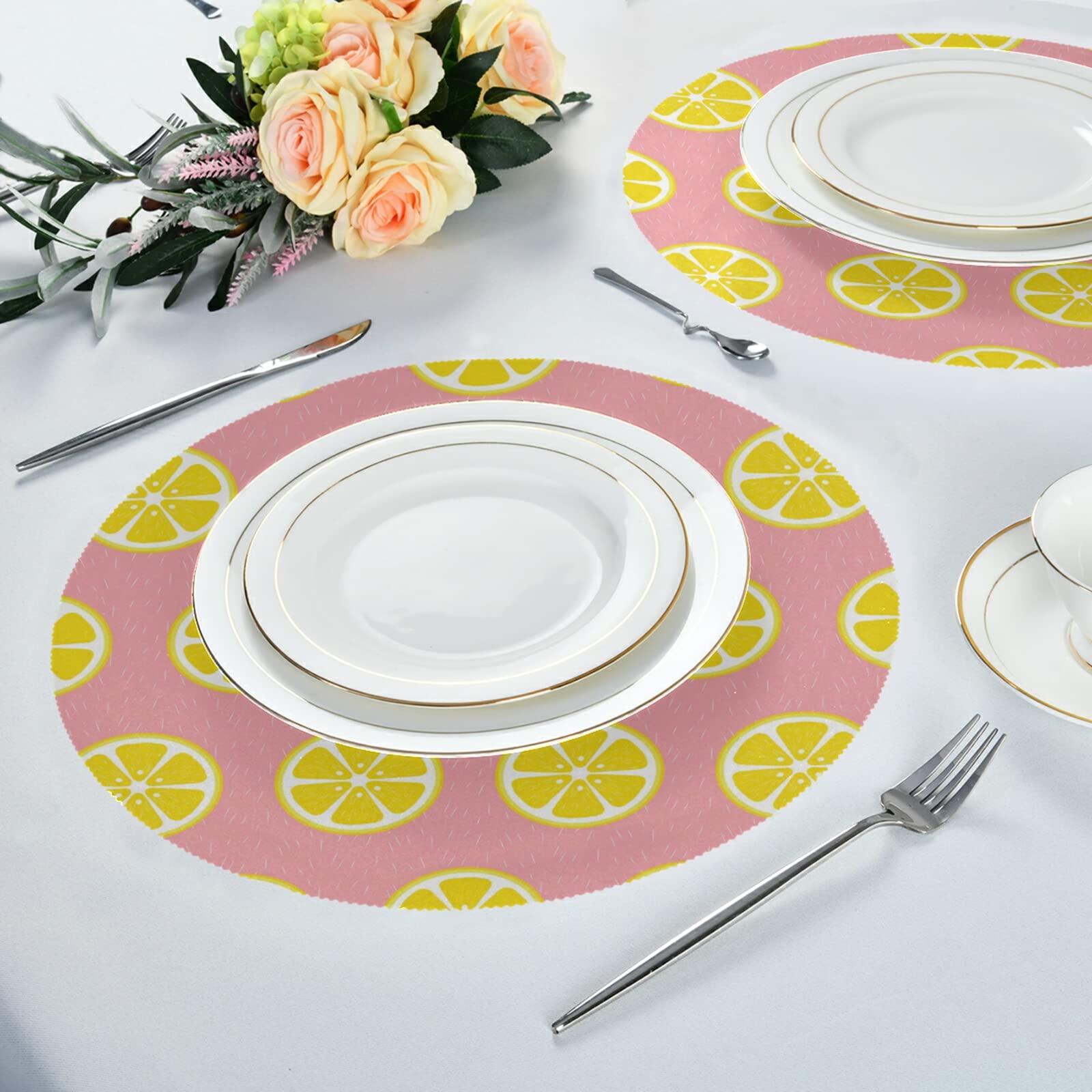 WIHVE Round Placemats Set of 6 - Yellow Lemon Dots Non-Slip Table Mats for Kitchen Dining (15.4 Inch) - Perfect for Family Meals, Dinner Parties & Everyday Use