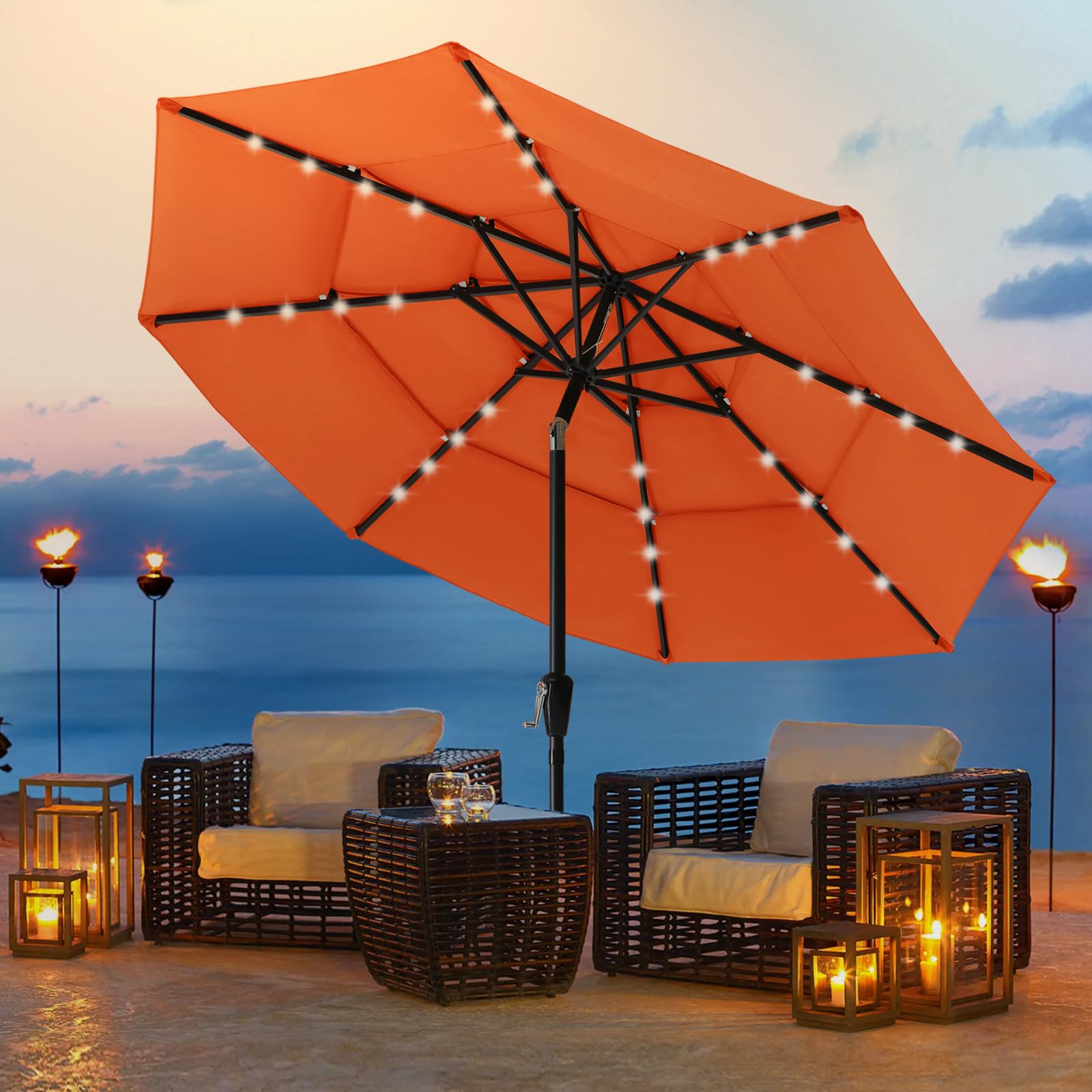 ABCCANOPY 9FT Solar LED Patio Umbrella - 3-Tier Outdoor Market Umbrella with Auto-Tilt & Wind Vent (Orange) - Perfect for Backyard, Poolside, Beach, and Outdoor Dining Areas