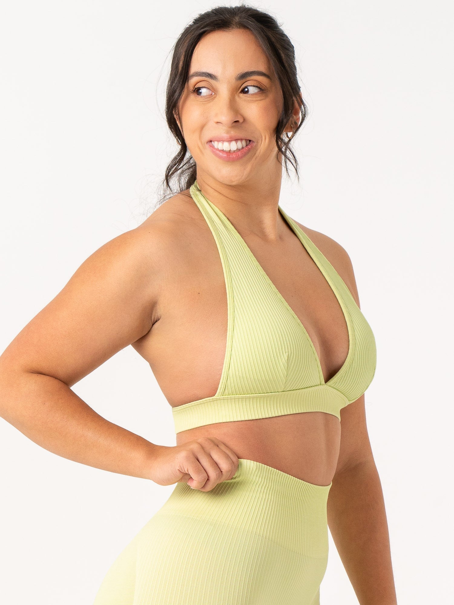 High-Waisted Ribbed Seamless Halter Sports Bra for Women - Breathable Workout Top in Lime Green - Perfect for Yoga, Running & Gym