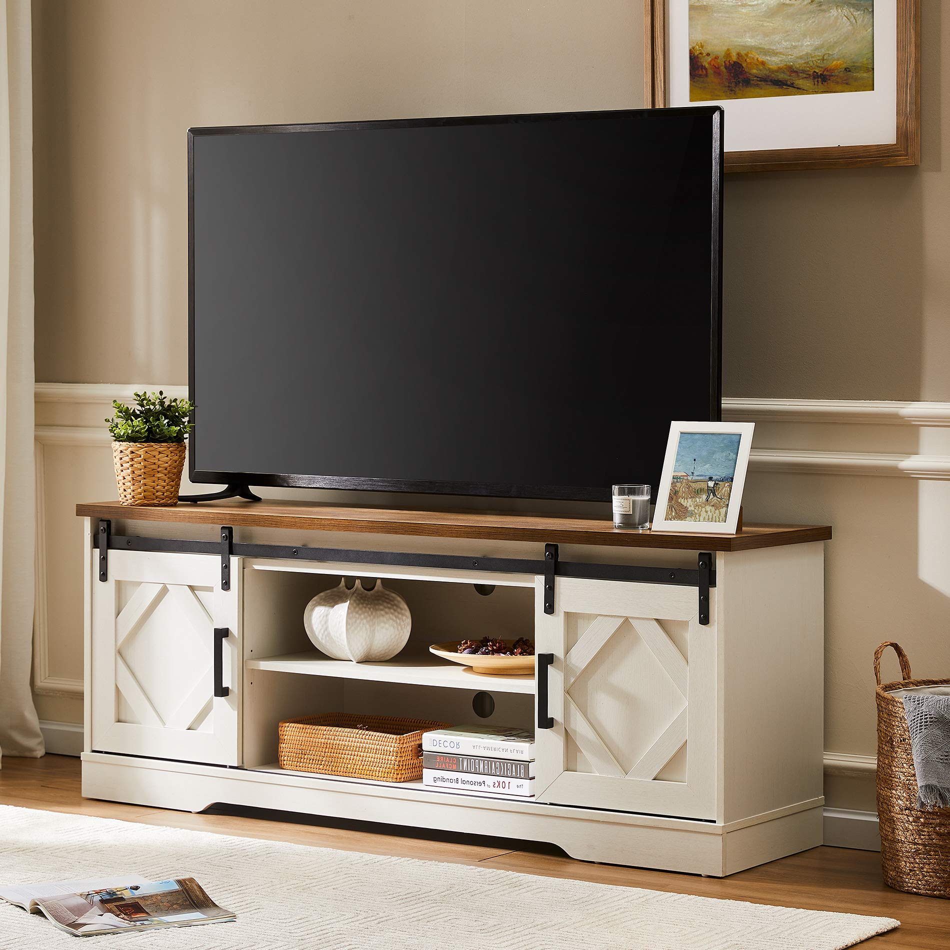 WAMPAT 65 Inch Farmhouse Sliding Barn Door TV Stand - Modern Wood Media Console with 3 Adjustable Shelves, Storage Cabinet for Living Room - White/Oak Finish - Perfect for Home Theater & Entertainment Setup