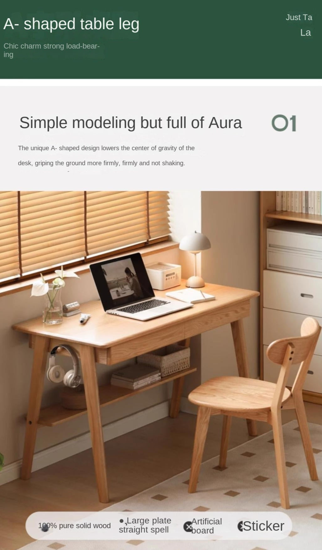 Solid Oak Wood Office Desk with Bottom Divider - Stylish & Durable Workspace Solution for Home Office or Study Room