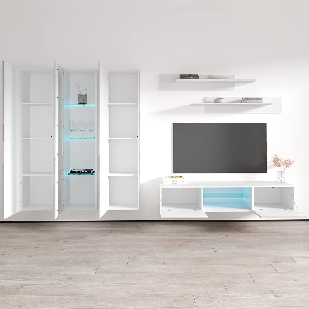 Modern Floating TV Stand with Storage & LED Lights - Wall-Mounted Entertainment Center for Bedroom & Living Room - White Meble Furniture Fly C4 33