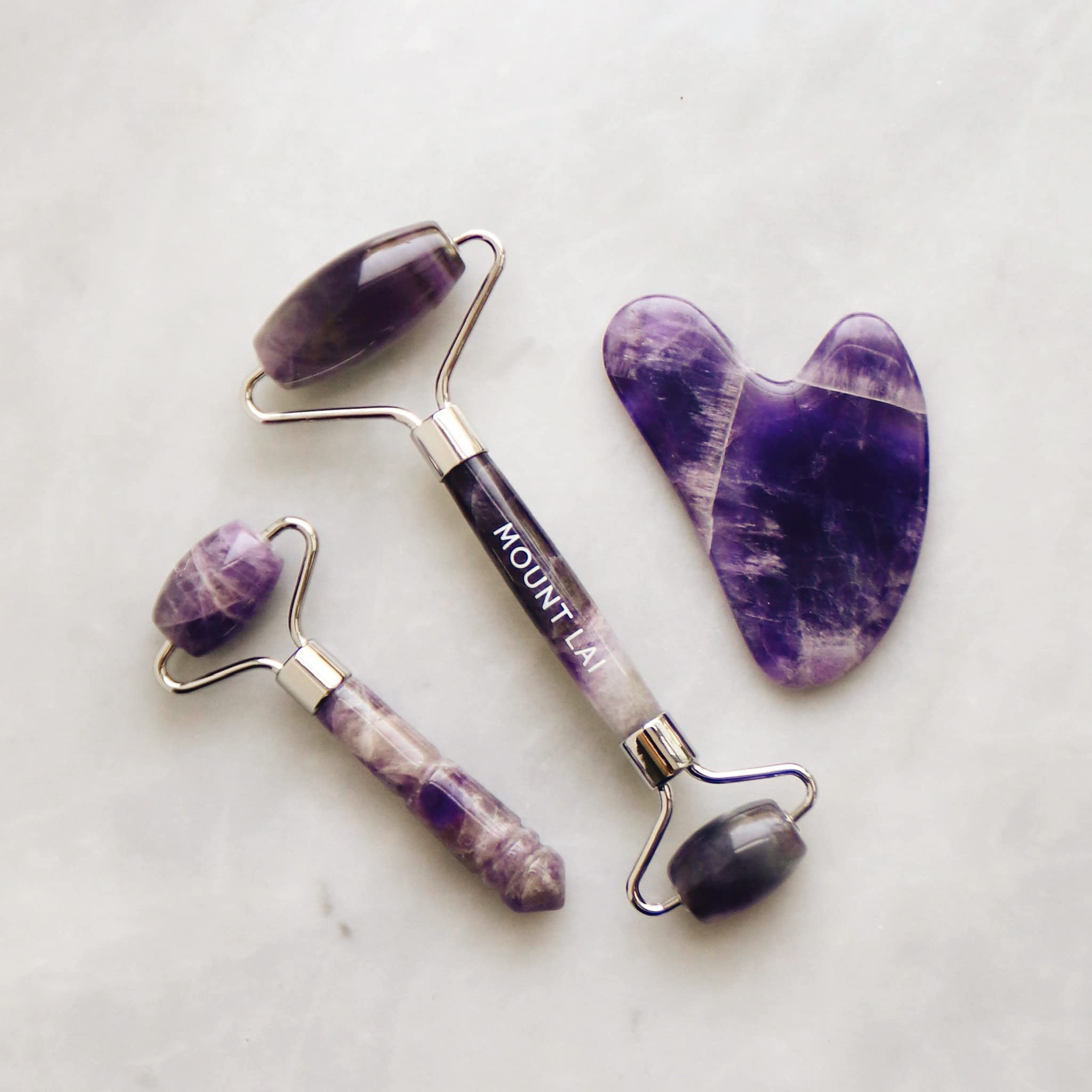 Mount Lai Amethyst Trio Calming Facial Set - Jade Roller & Gua Sha Tools for Face Massage, Relieve Tension & Reduce Puffiness | Anti-Aging Skincare Set for Glowing Skin | Perfect for Morning Routine & Self-Care Spa Days