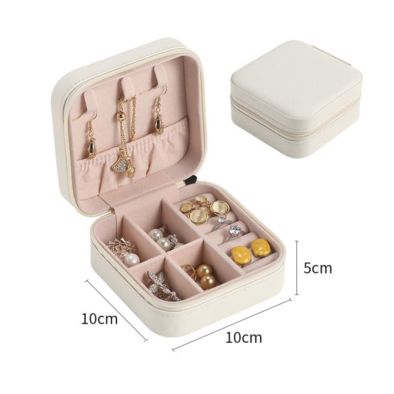 PU Leather Jewelry Box - Double Layer Travel Organizer for Necklaces, Rings & Small Accessories | Compact 10x10x5cm Storage Case for Women & Girls | Perfect Gift for Travel, Home & Daily Use (White)