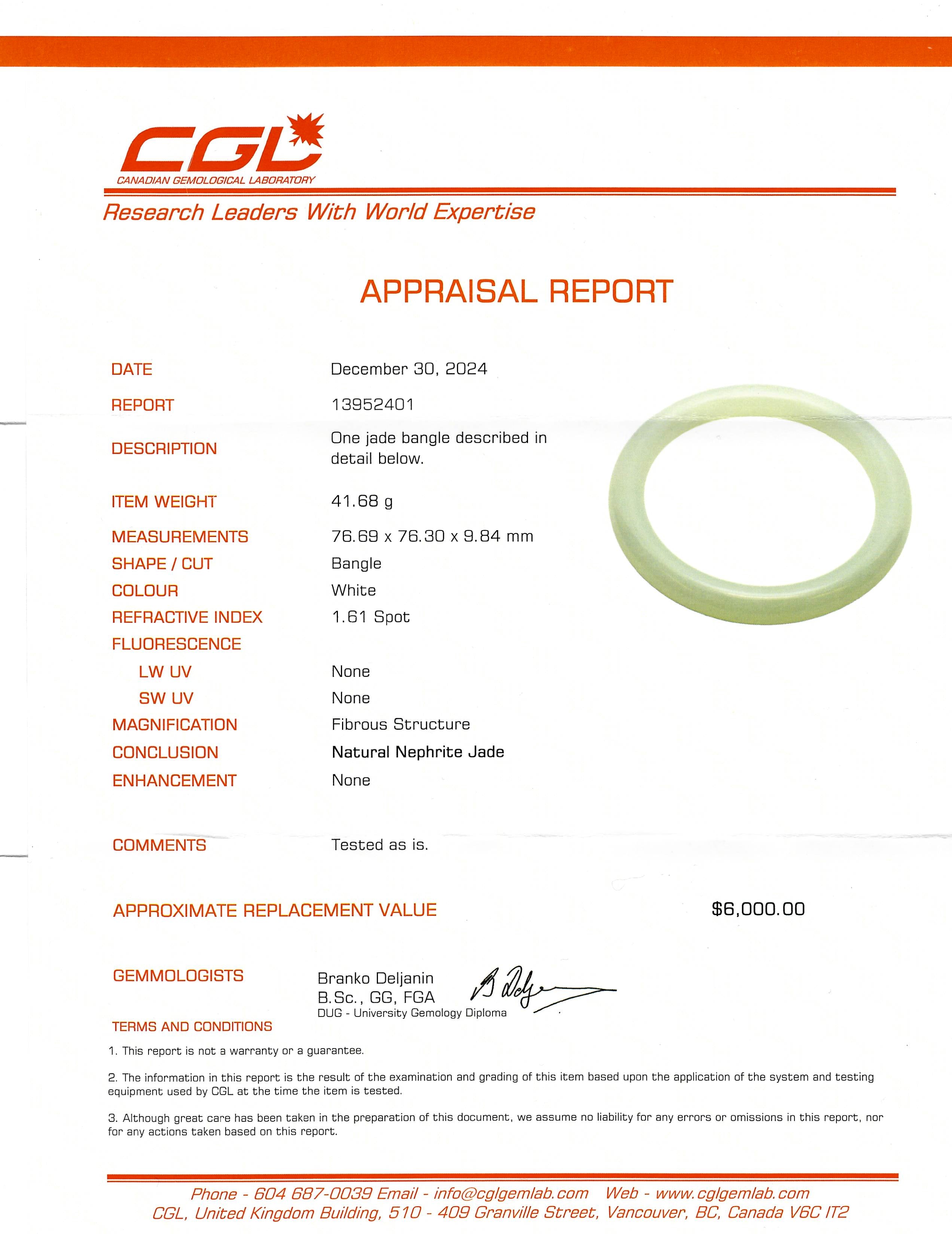 Natural White Nephrite Jade Bangle Bracelet - 41.68g (6mm Width) - Handmade Genuine Jade Jewelry for Women - Perfect for Meditation, Healing & Fashion Accessories