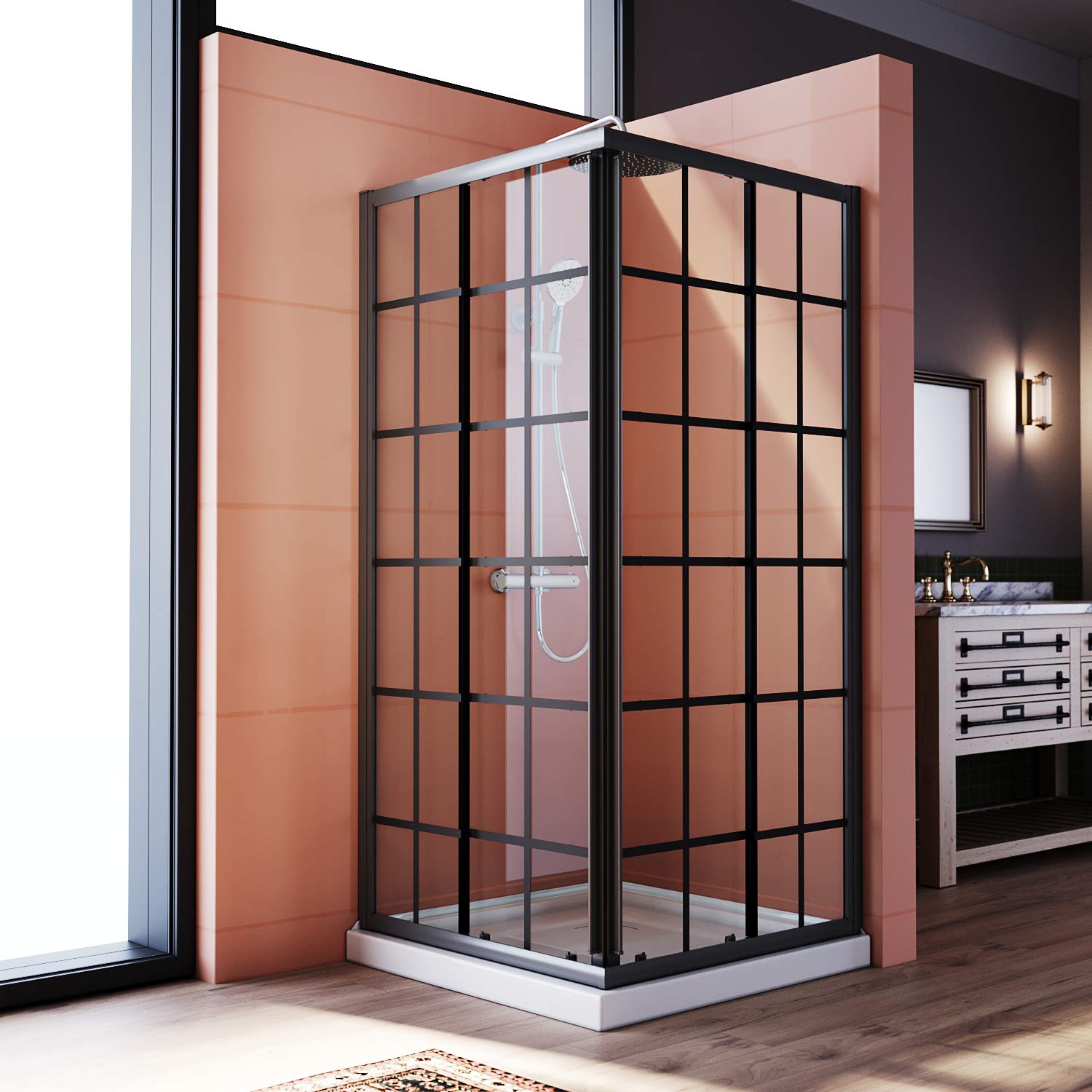 Elegant 34x34x72 Inch Black Framed Corner Shower Enclosure with Double Sliding Doors & 1/4