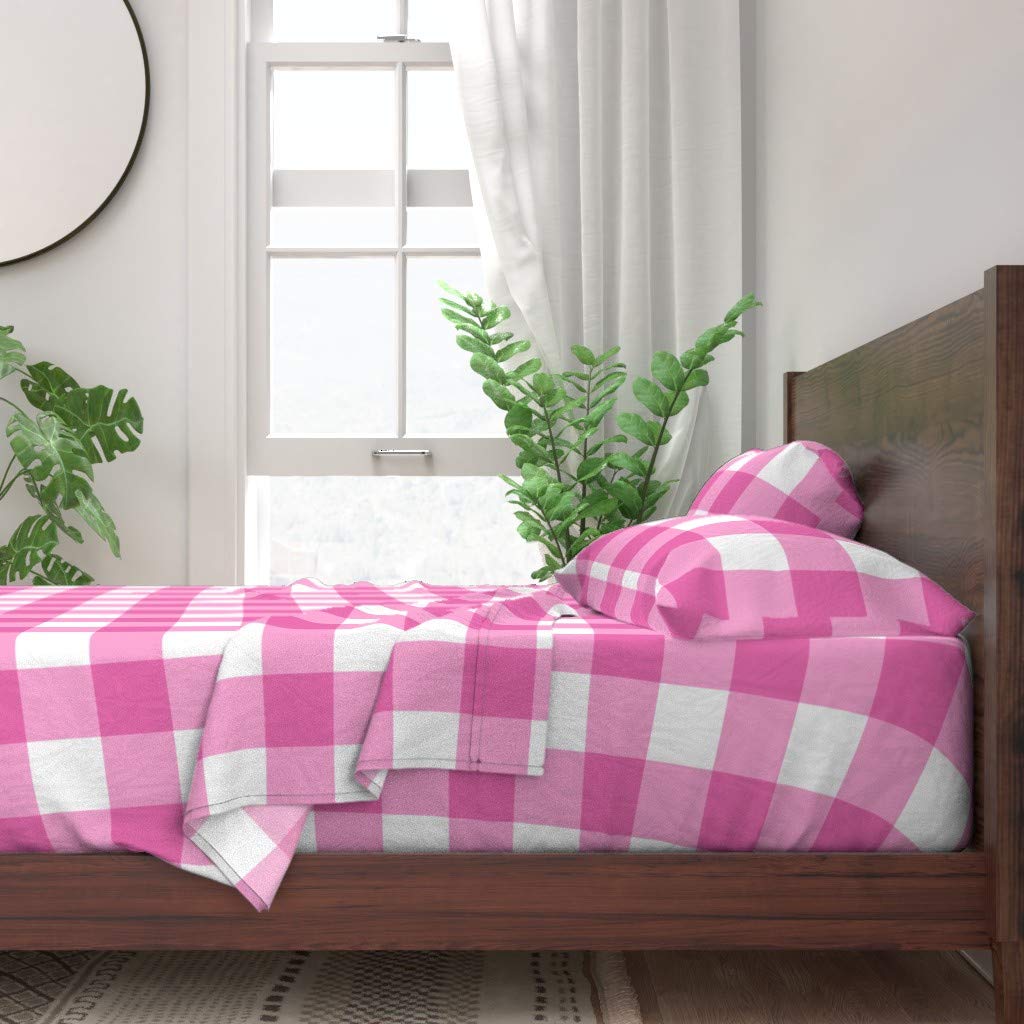 Premium 100% Cotton Twin Sheet Set (3-Piece) - Buffalo Check Pink Geometric Plaid Print | Soft Nursery Bedding for Girls | Perfect for Kids' Rooms, Dorm Decor & Gift Giving