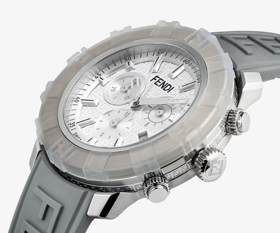 Fendi Fendastic Chronograph Watch with Transparent Bezel & Gray Leather Strap - Model FOW970AHPB F0VM0 | Luxury Unisex Timepiece for Business, Parties & Special Occasions