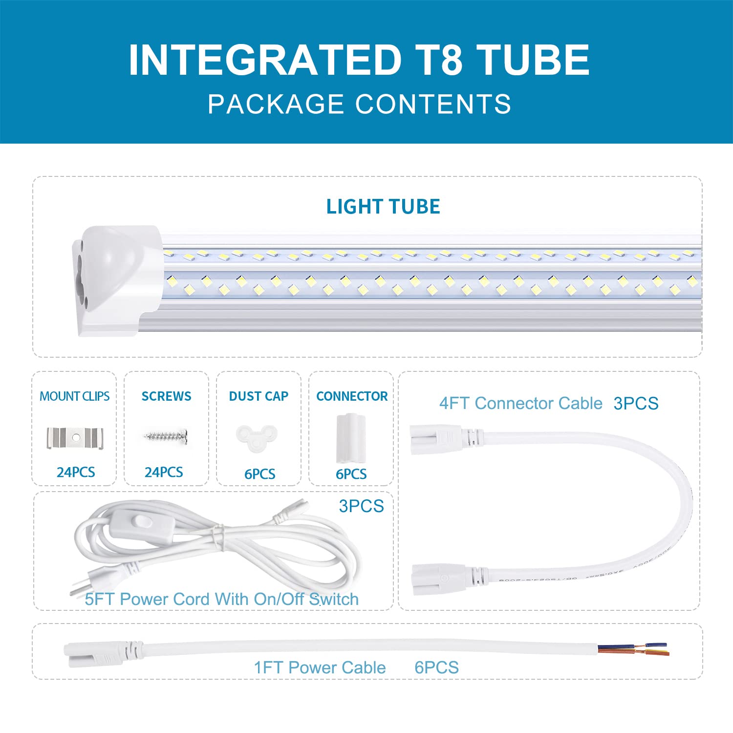 8FT Linkable LED Shop Light - 120W 14400LM 6000K Cold White V-Shape T8 Tube Lights with Clear Cover (6-Pack) - Plug & Play for Garage, Warehouse, Workshop & Industrial Lighting