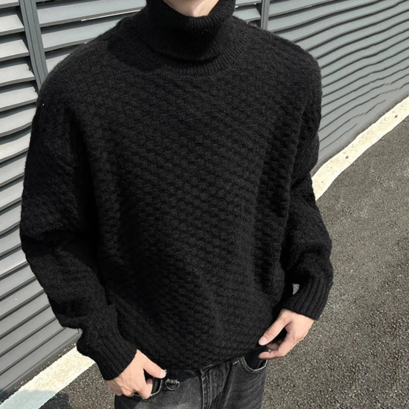 Men's Turtleneck Jacquard Knit Sweater - Loose Fit Pullover Solid Color Casual Winter Knitwear for Autumn & Winter | Office Wear, Holiday Outfits, Cold Weather Fashion