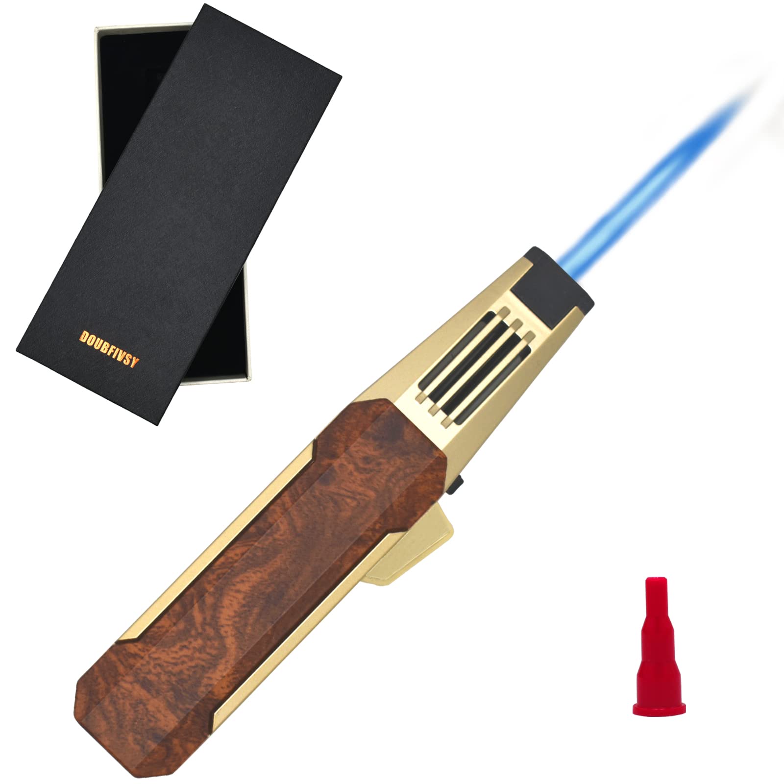 DOUBFIVSY Jet Torch Butane Lighter with Gift Box - Windproof Refillable Adjustable Flame Lighter for Cigars, Grilling, BBQ, Candles, Camping & Kitchen Use (Butane Not Included, Wood Grain Design) - Perfect for Outdoor Adventures, Home Cooking & Special Occasions