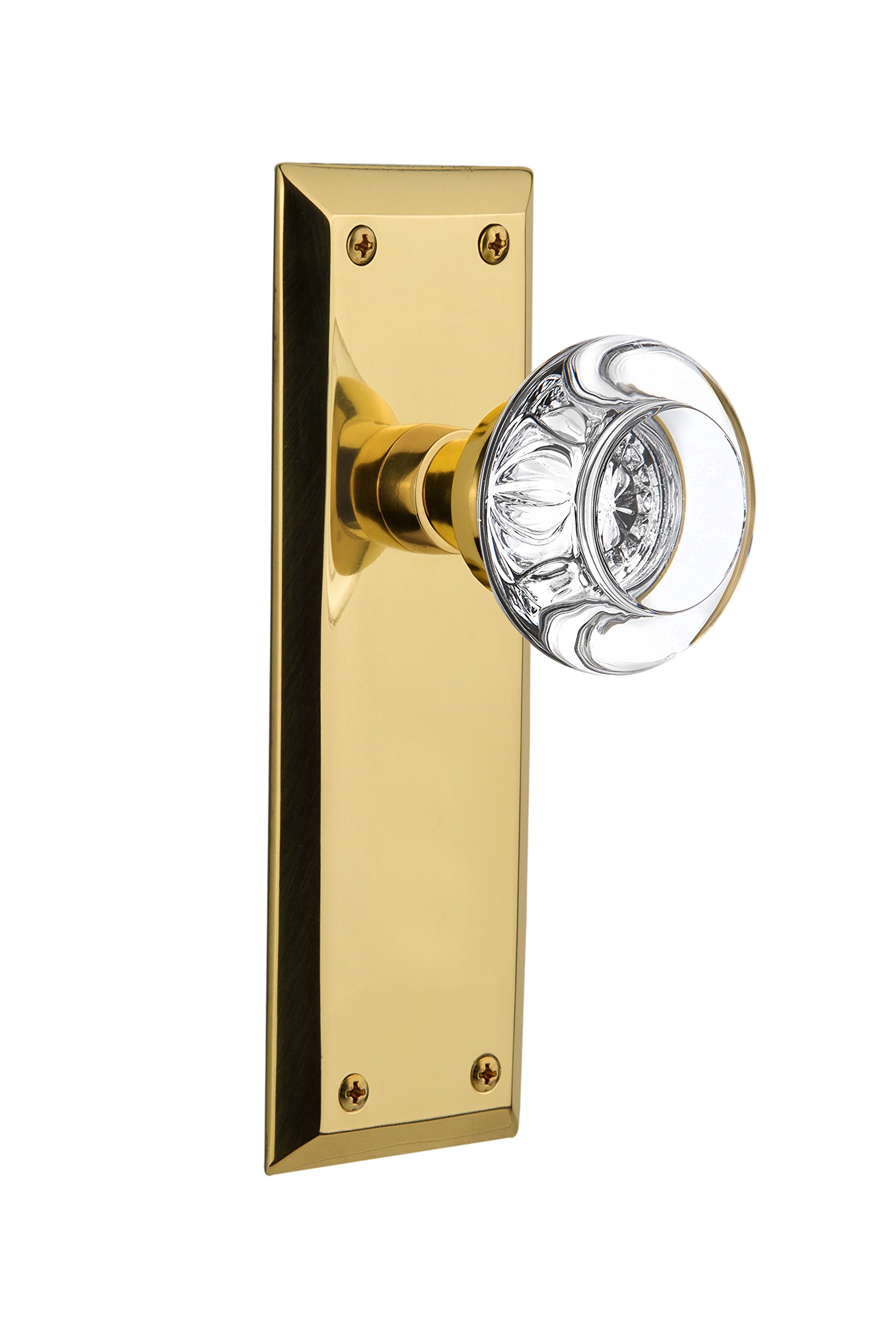 Nostalgic Warehouse New York Plate with Round Clear Crystal Glass Knob - Double Dummy in Polished Brass | Vintage Cabinet Hardware for Home Decor & Furniture Restoration